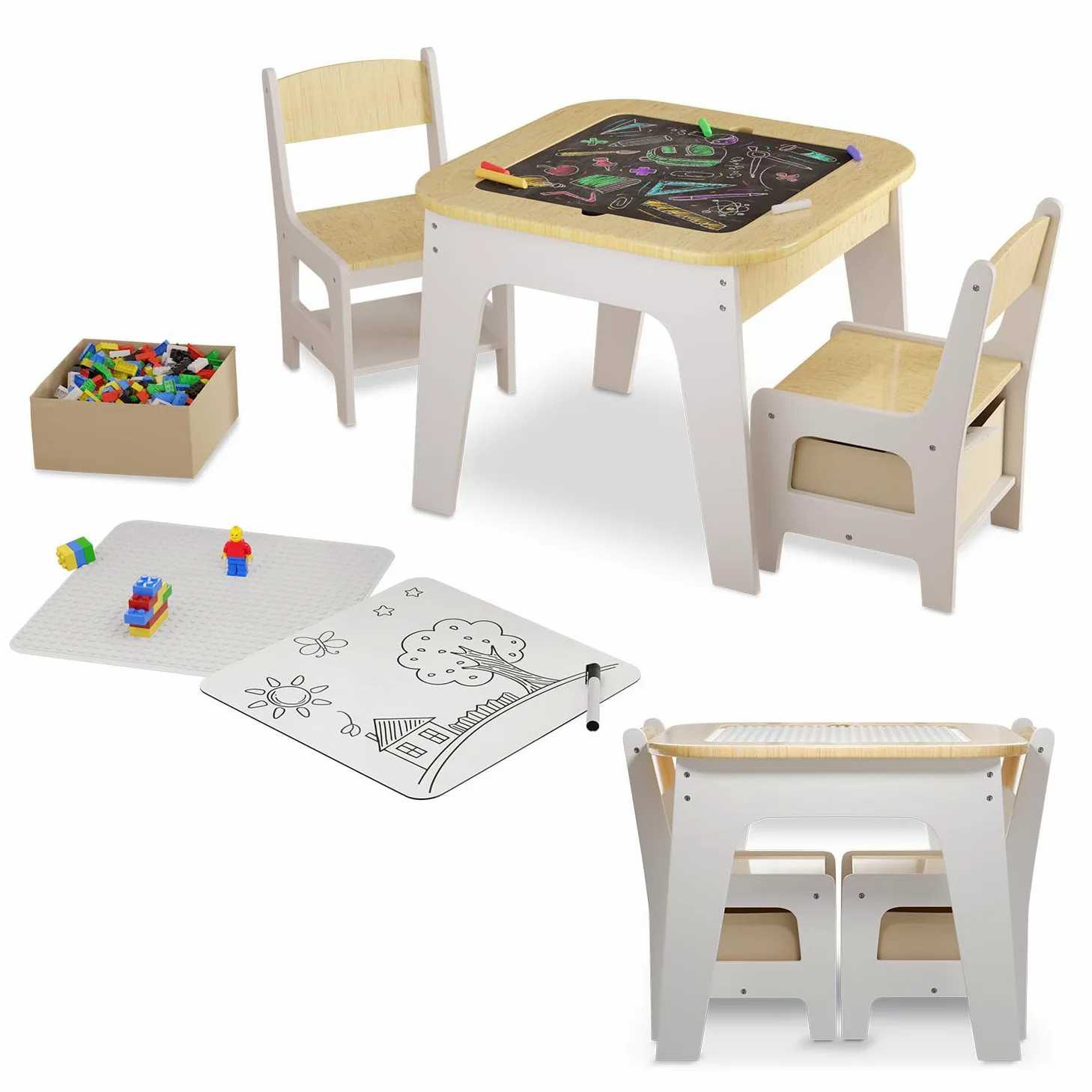 Juskys Kindersitzgruppe Milou - Set mit 2 Stühlen & 1 Tisch - Kindertisch Holz - Spieltisch mit Stauraum - Sitzgruppe für Kinder, Maltisch - Natur