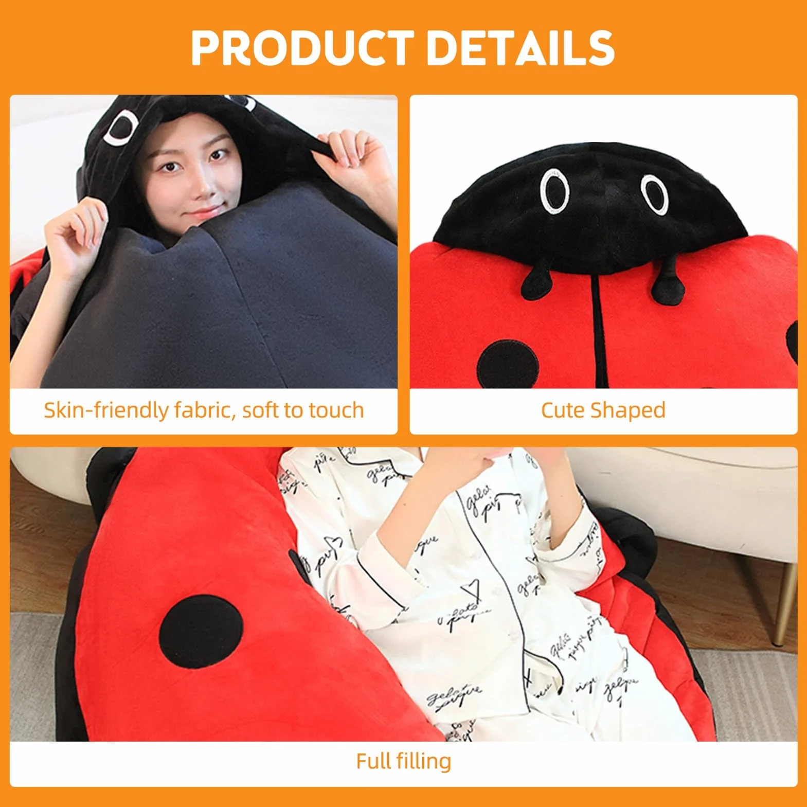 Ejoyous Tragbares Marienkäfer-Kissen, Riesige Tragbare Decke aus Weichem Plüsch mit Marienkäfer-Kostüm, übergroß 60 cm 100 cm für Kinder und Erwachsene, Stresslinderung, Kuscheln, (60cm)