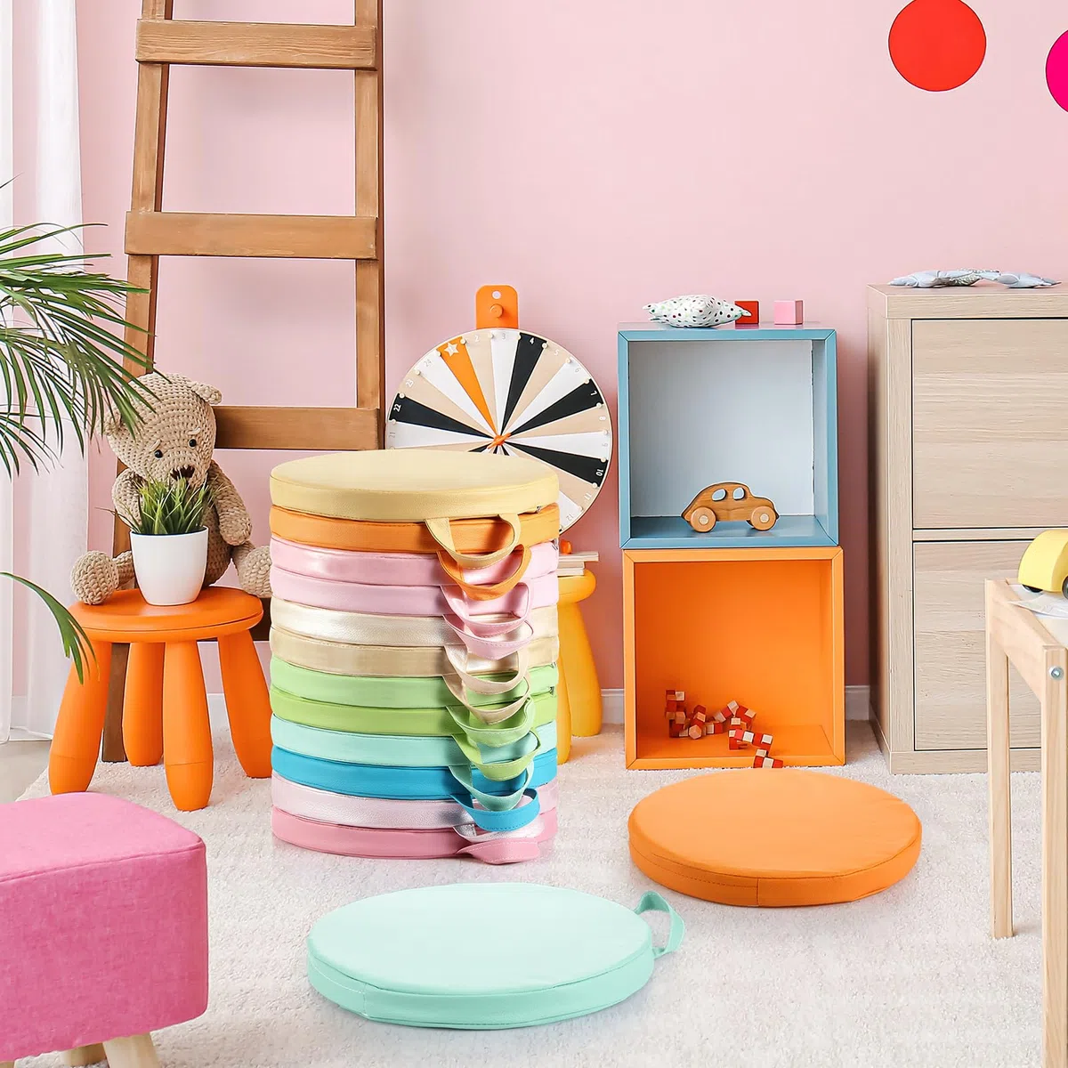 Sawysine Bodenkissen, flexibel, mit Griff, für Kinder, Zuhause, Schule, Klassenzimmer, Kindergarten, Kindergarten (Pastellfarbe, rund), 12 Stück