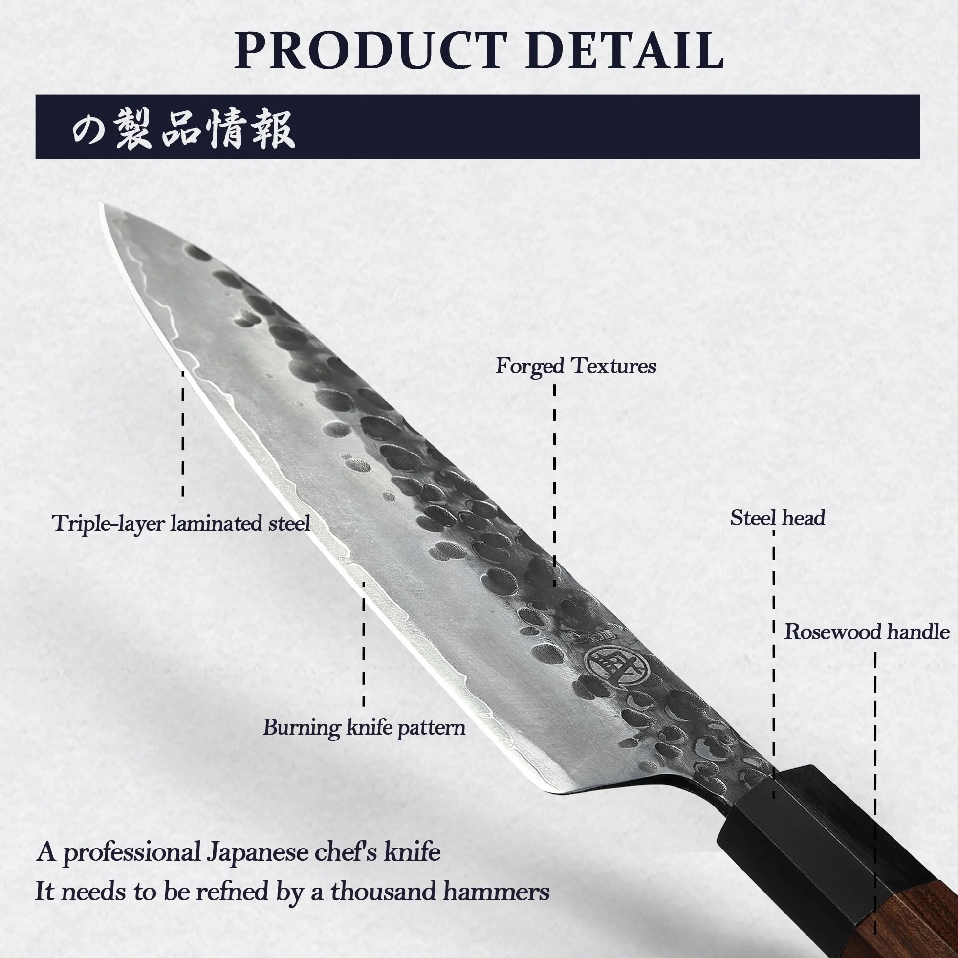 MITSUMOTO SAKARI Handgeschmiedetes Küchenmesser, 22 cm Gyuto Kochmesser, Hochkohlenstoffstahl Stahl japanisches küchenmesser (Rosenholzgriff und Boutique Holzkiste)