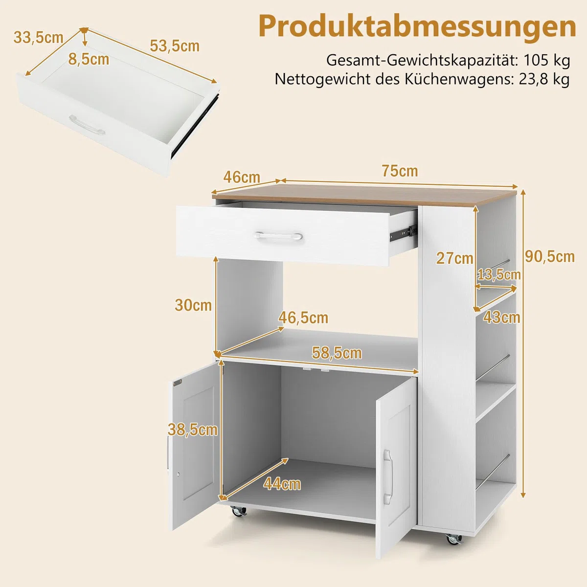 GIANTEX Küchenwagen mit Rollen, Servierwagen mit Arbeitsplatte, 75x46x90,5 cm, Weiß