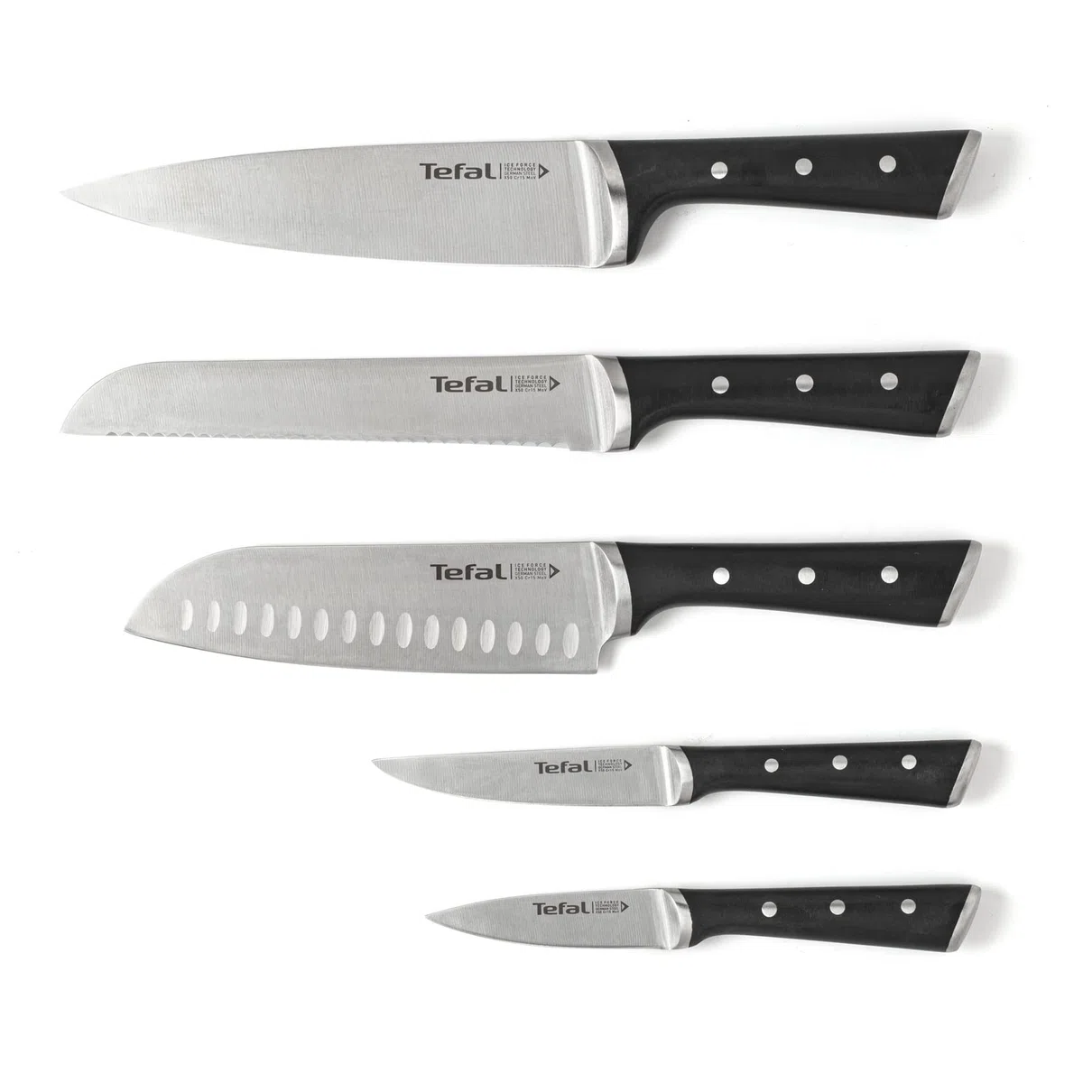Tefal Ice Force Messerblock aus Holz, 5 Messer, Brotmesser 20 cm, Chefmesser, Santokumesser 18 cm, Gemüsemesser 11 cm, Tranchiermesser 9 cm, Edelstahl, braun/schwarz, K232S5