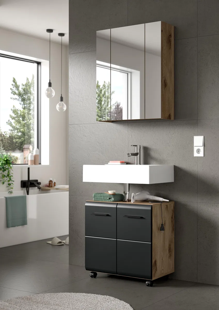 xonox.home – Waschbeckenunterschrank Ice 60x54x30 cm in Korpus Nox Oak Nachbildung und Front schwarz matt – Stilvoller Unterschrank für Waschbecken – elegant & kompakt