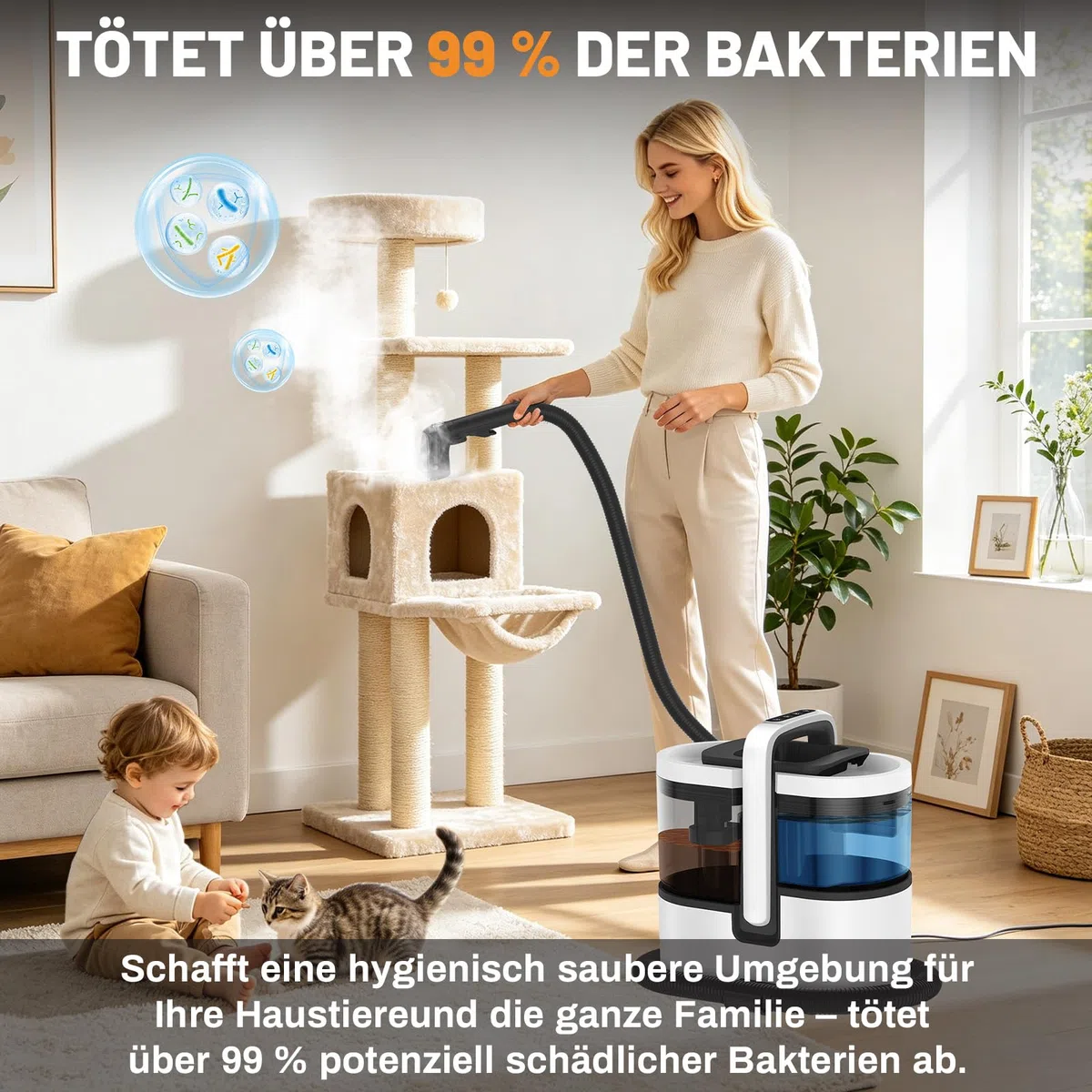 HJH Polsterreiniger Gerät Teppichreiniger 1800W, 100°C Steam Cleaner Schnellheizung, 18Kpa Nasssauger mit Starker Saugkraft, Tragbarer Dampfreiniger für Sofa, Teppich, Polster, Vorhänge, Autositz