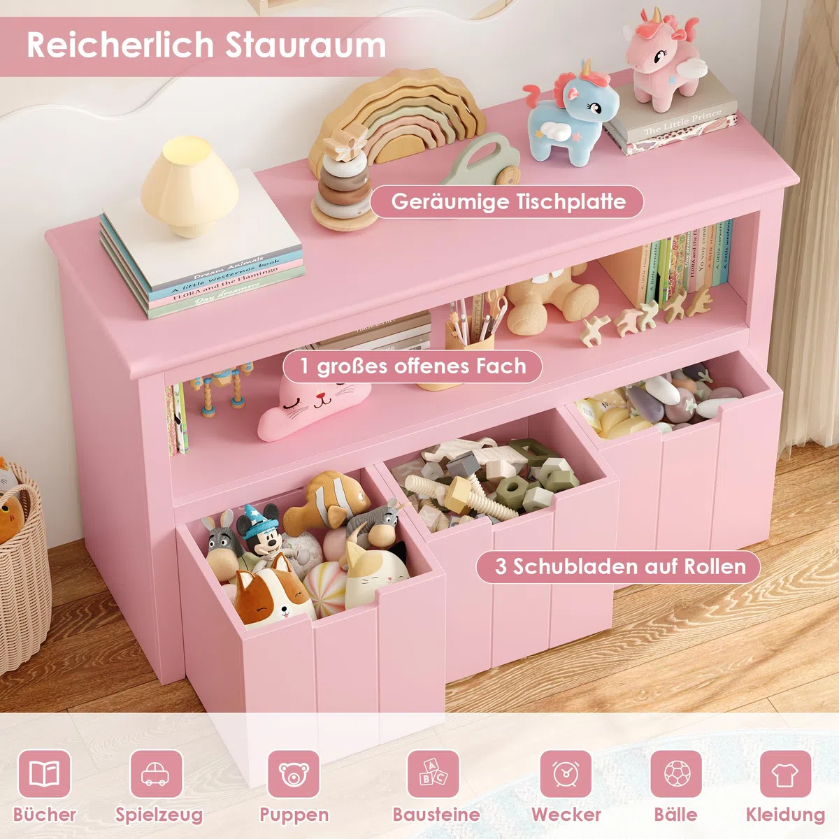 FOREHILL Kinderregal mit Boxen auf Rollen, Spielzeug Aufbewahrung Kinderzimmer Möbel, Spielzeugregal, Kinderschrank, Regal mit 3 Boxen, Truhen & Kisten für Kinder 102 x 33 x 61,5cm Rosa