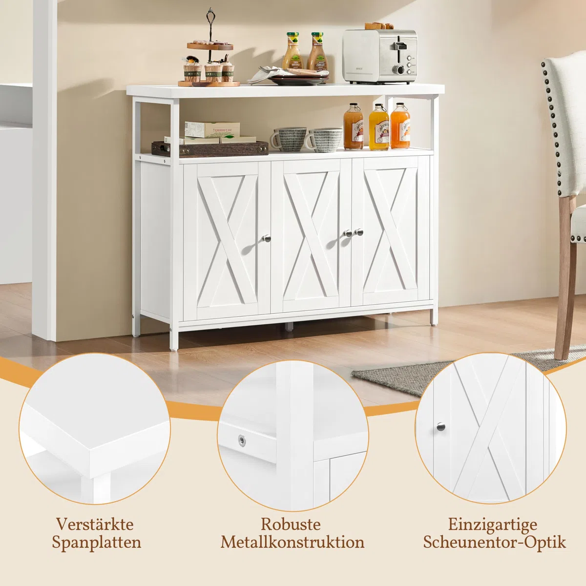 Yaheetech Sideboard, Küchenschrank mit 3 Türen und Offenen Regalen, Buffetschrank Aufbewahrungsschrank verstellbare Ablage 100 × 35 × 81 cm, Weiß