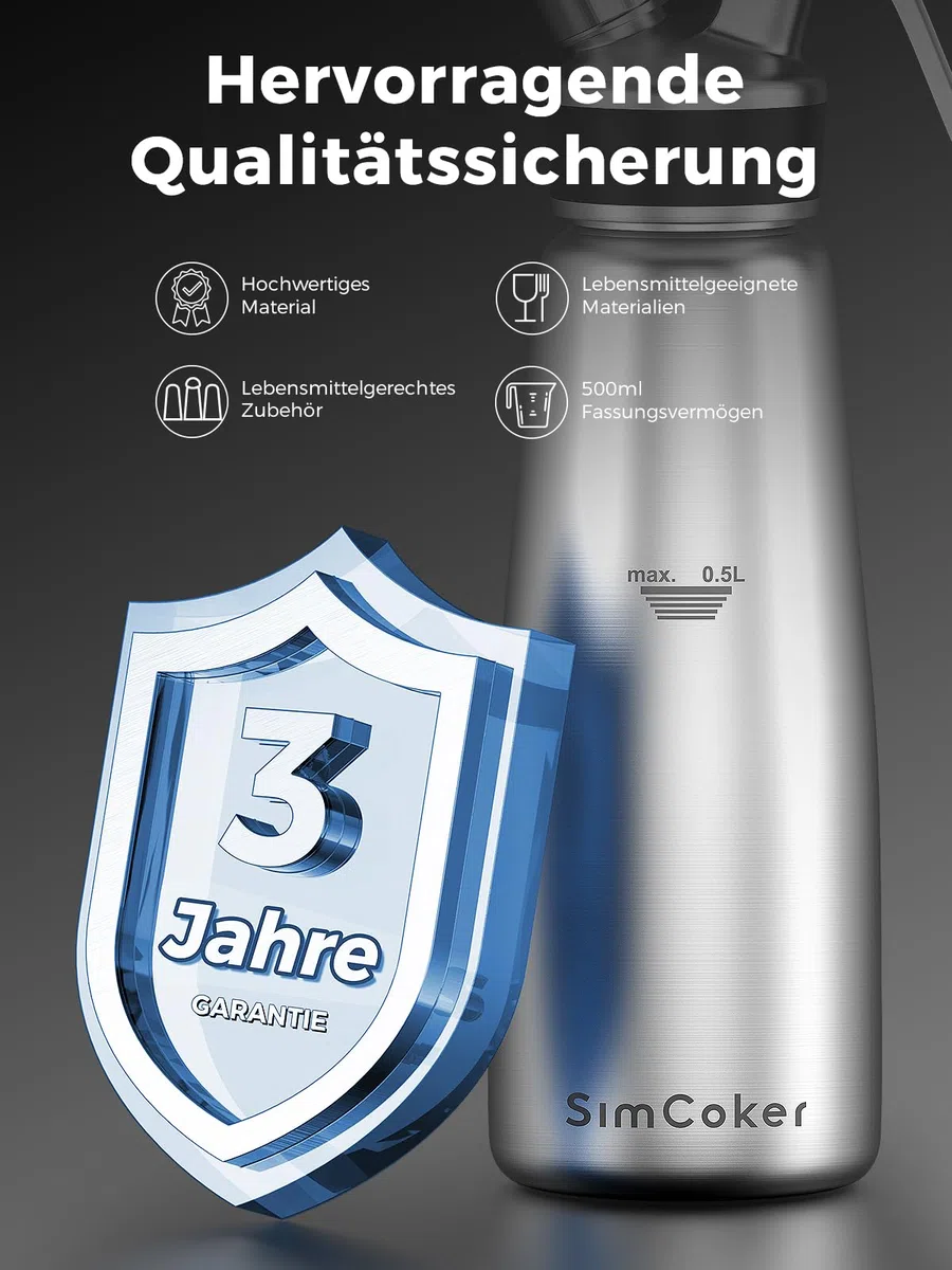 Sahnespender,Edelstahl Sahnesiphon 500ml,inklusive Ersatzteile 3 Spritztüllen und 1 Reinigungbürste, Schlagsahnebereiter,Deutsche Anweisungen