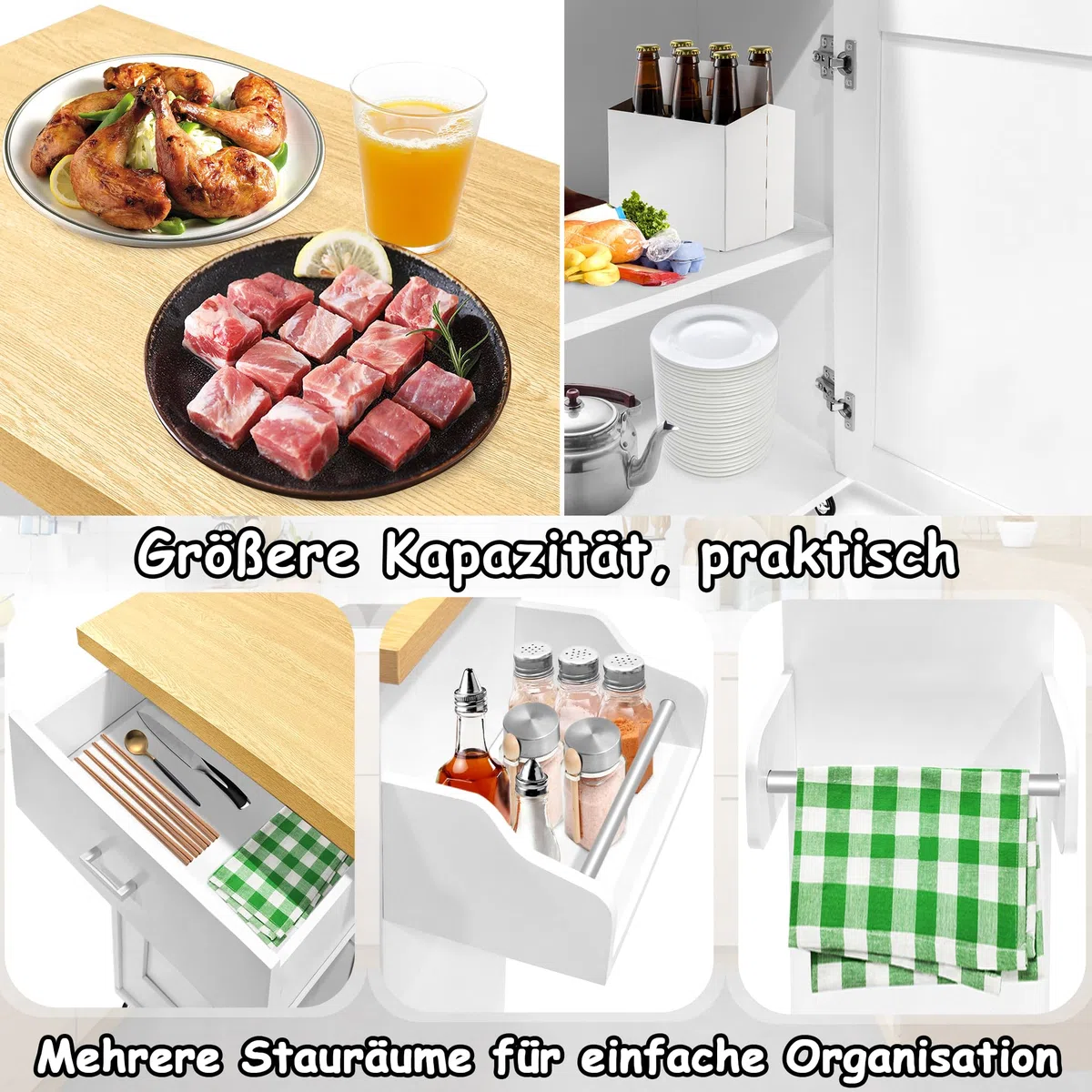 NAIZY Küchenschrank Küchenwagen mit Arbeitsplatte & Rollen & Schubladen Küchenwagen Abschließbar Servierwagen, 115x36x90cm (Weiß)