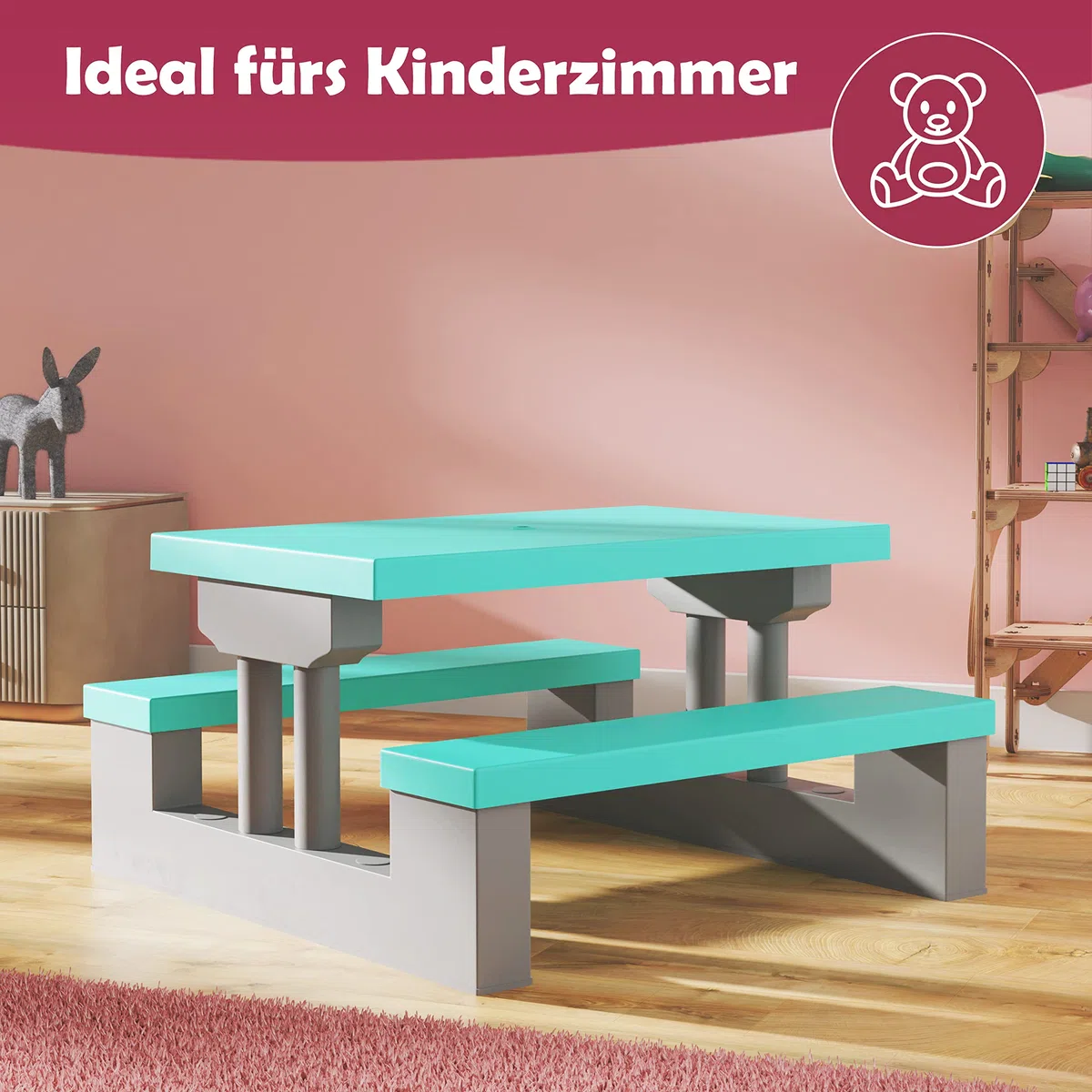 Spielwerk® Kindersitzgruppe Sonnenschirm UV Schutz Stecksystem Waschbar ABS Kunststoff Wetterfest Mint Outdoor Picknicktisch Kindertisch Gartenmöbel