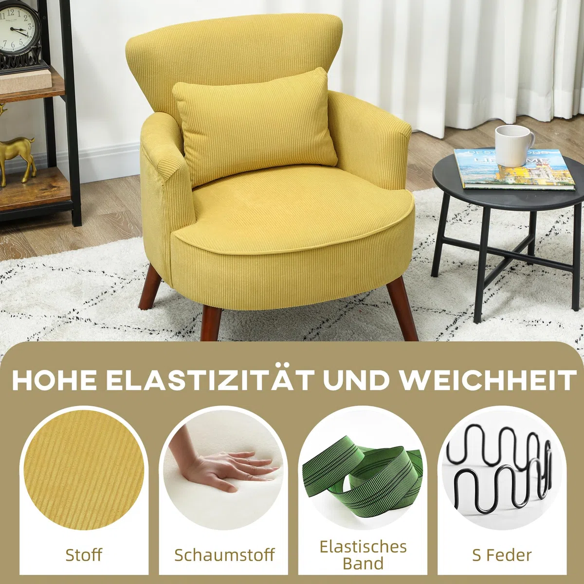 HOMCOM Sessel Loungesessel mit Armlehnen, Polstersessel mit Kissen Armlehnensessel mit Kordoptik, Holzbeine Lesesessel für Wohnzimmer, Schlafzimmer, Gelb