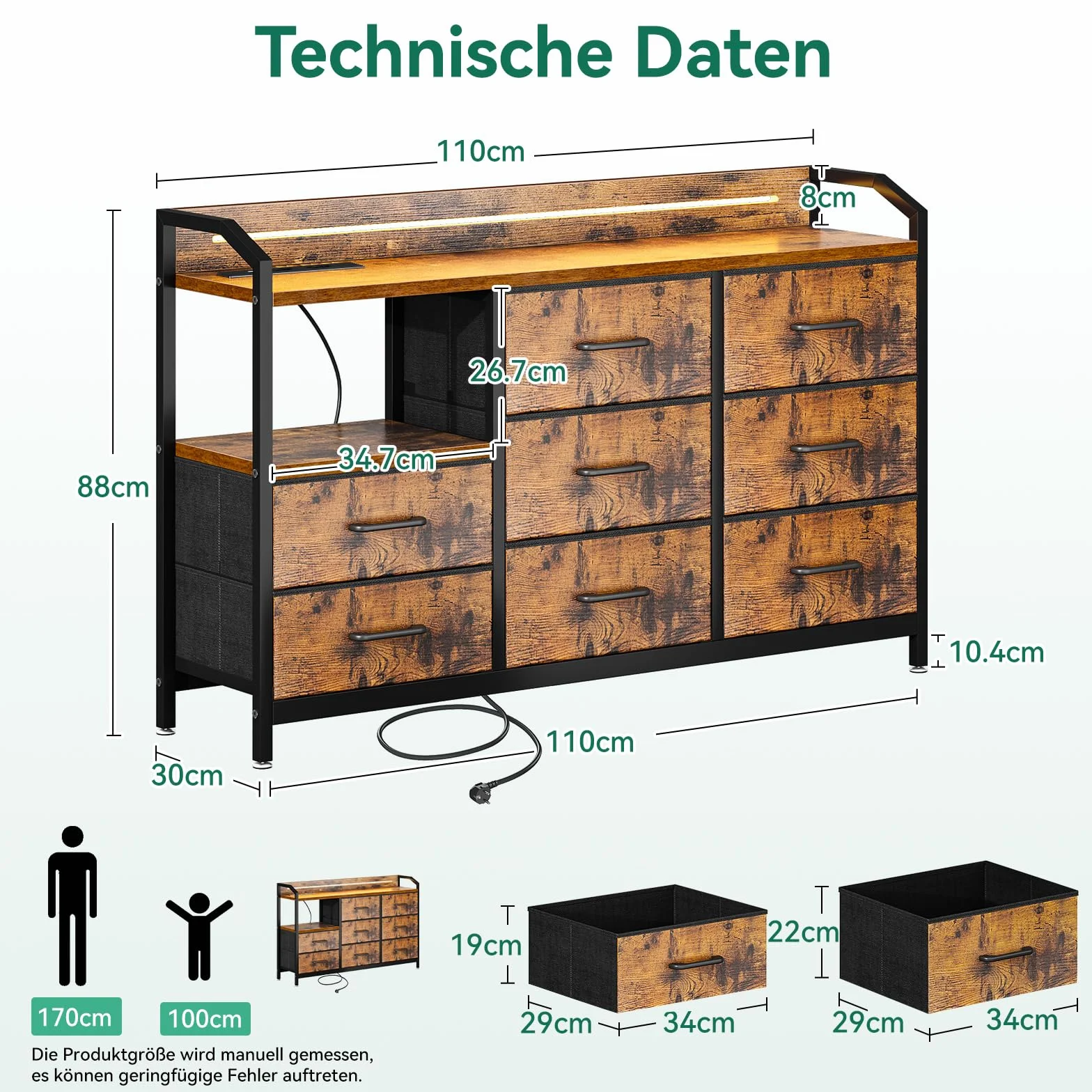 ODK Kommode mit Schubladen, Schubladenschrank mit LED-Lichtstreifen mit 10 Einstellbaren Farben und 2 USB- und 2 AC-Steckdosen, 8 Stoffschubladen, Wohnzimmer Schlafzimmer Kommode, 110*30*88cm Vintage