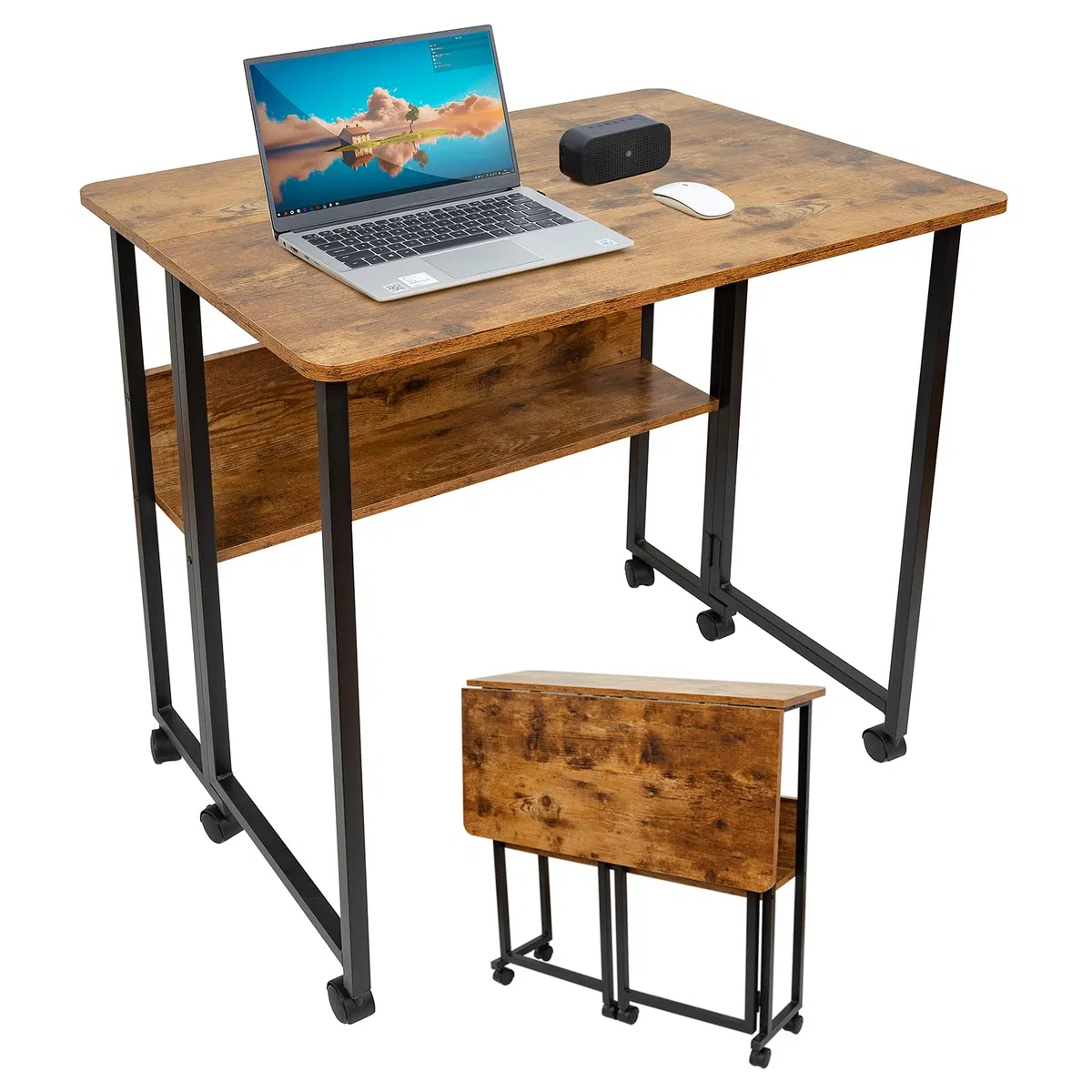 Fiutazge Schreibtisch klappbar, klappschreibtisch mit Rollen, Kleiner Klappbarer Computertisch mit Regal, Beistelltisch, Klapptisch für Home Office, Industrie-Design Dunkelbraun 80 x 58 x 75 cm