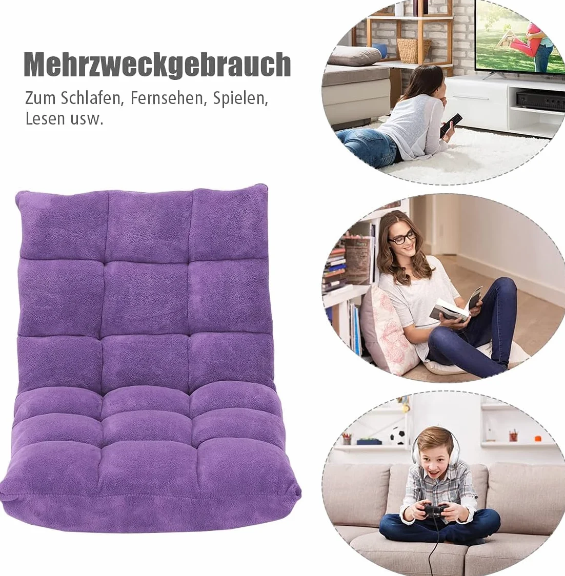 FANTASK Bodenstuhl mit Verstellbarer Rückenlehne, Bodensessel gepolstert, Bodenkissen faltbar, Lila