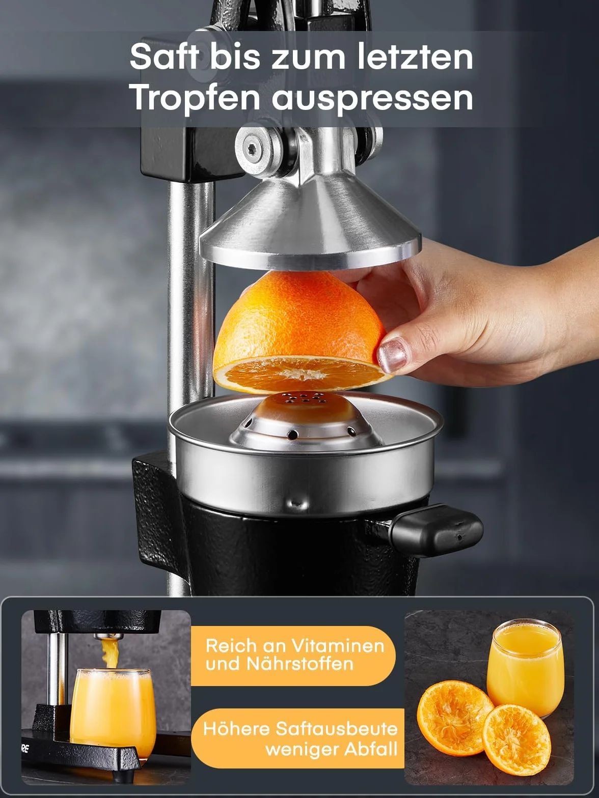 FOHERE Saftpresse Manuell, Professionelle Orangenpresse Handpresse für Orangen, Zitronen, Granatäpfel, Grapefruits, Leicht zu Reinigende Zitruspresse mit Edelstahlbecher