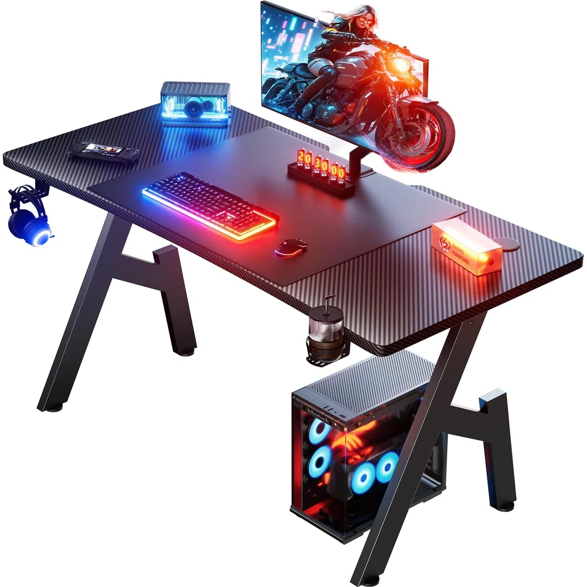 HLONONE Gaming Schreibtisch 140 x 60 cm, Gaming Tisch, Stabiler PC Schreibtisch mit Kohlefaserbeschichtung, Ergonomischer Computertisch mit Kopfhörerhaken und Getränkehalter, Schwarz