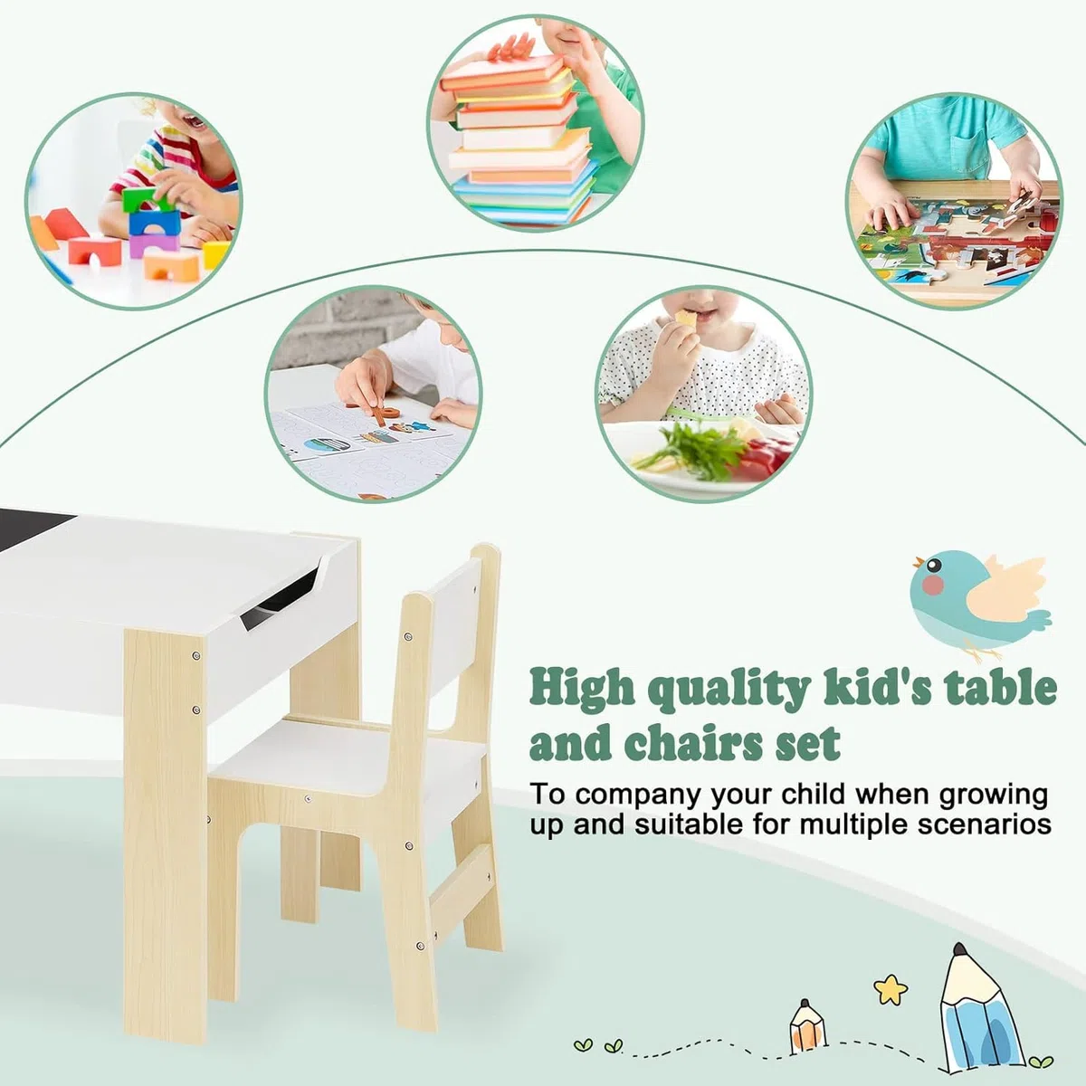 Lestarain Kindertisch mit 2 Stühlen, Kindertisch mit Stauraum, Maltisch für Kinder, Kindersitzgruppe mit wendbarer & abnembarer Tischplatte, Kindermöbel Set für Kinderzimmer Kindergärten, Weiss
