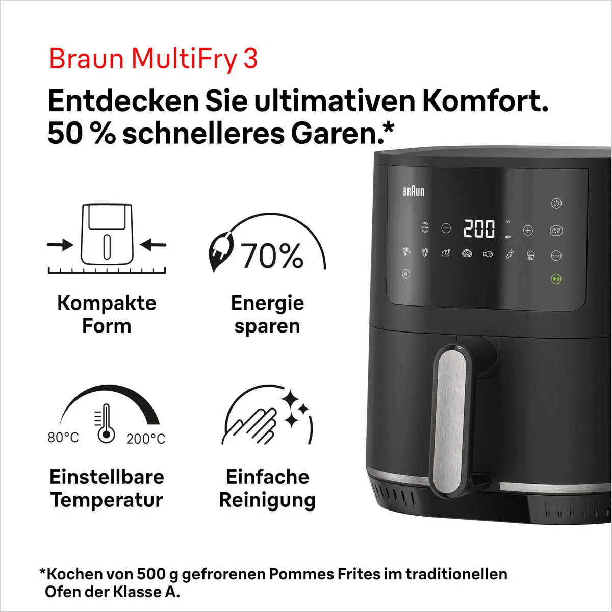 Braun Heißluftfritteuse MultiFry 3 HF 3030, 4,3 L, 1500W, digitale Temperaturregelung, 80-200°C, Timer, 8 Programme, Touch Control, Antihaftbeschichtung, Garkorb & Rost spülmaschinenfest, Schwarz