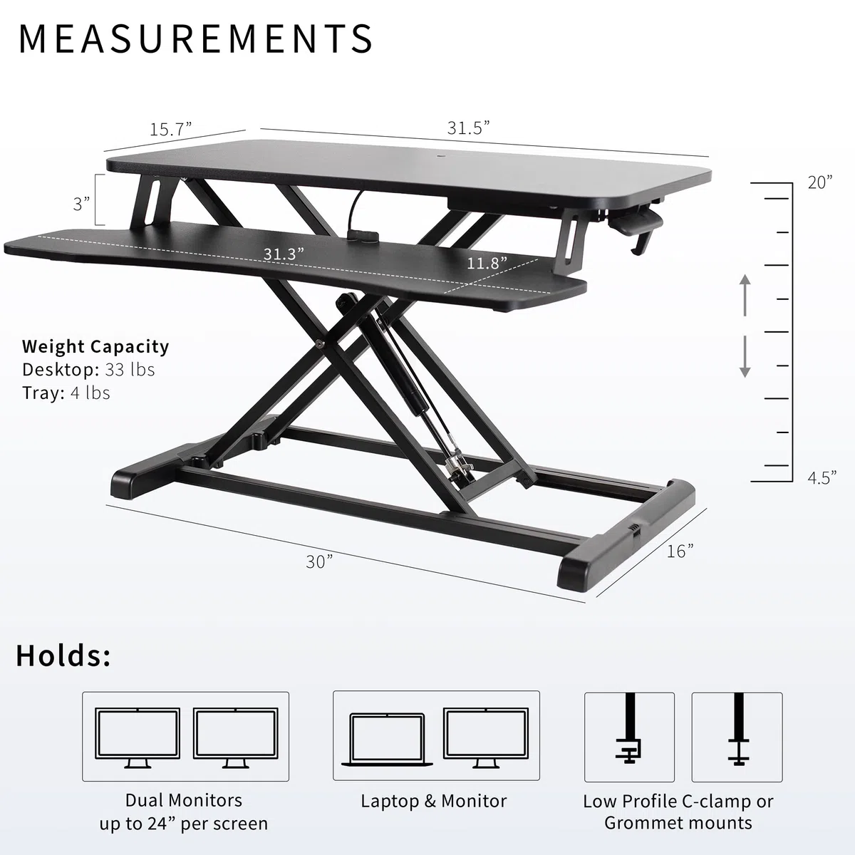 VIVO 32” Stehpult-Konverter mit höhenverstellbarem Aufsatz, Steh-Sitz-Arbeitsplatz für zwei Monitore und Laptop, mit breiter Tastaturablage, Schwarz, DESK-V000K