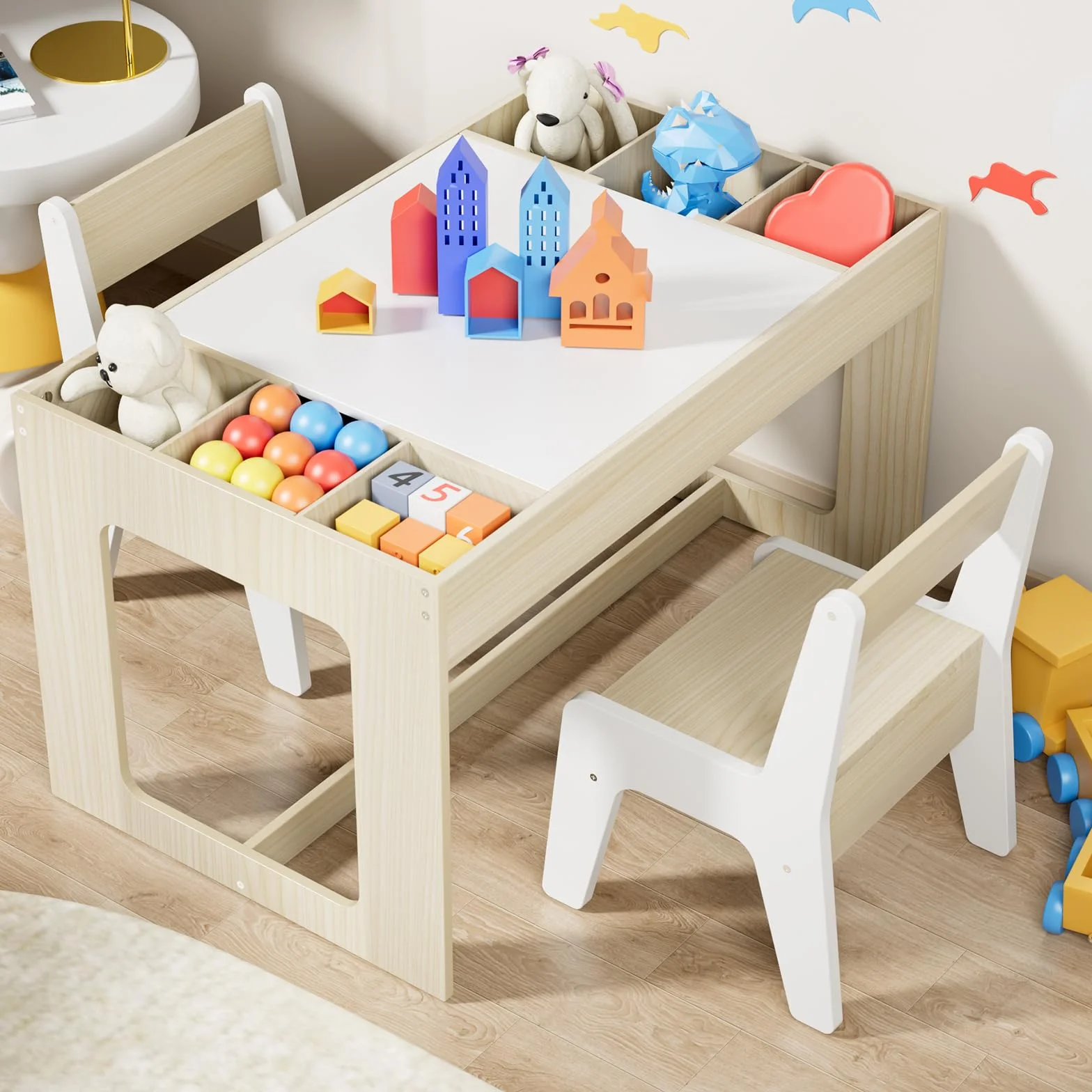 Clevich Kindersitzgruppe mit Stauraum, Kindertisch mit 2 Stühlen, Kinder Tisch Stuhl Set mit wendbarer Tischplatte, Kinderschreibtisch für Kindertagesstätte, für Kinder ab 3 Jahren, Holzfarbe