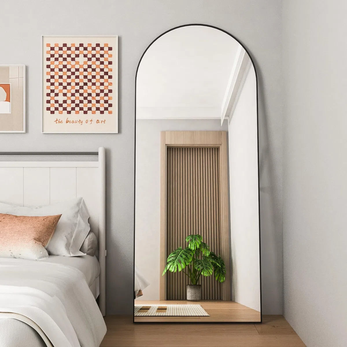 Ganzkörperspiegel, 165X60cm gewölbter Bodenspiegel mit Ständer hängend oder lehnend an die Wand stehender Großer Schlafzimmer für Garderobe (Schwarz)