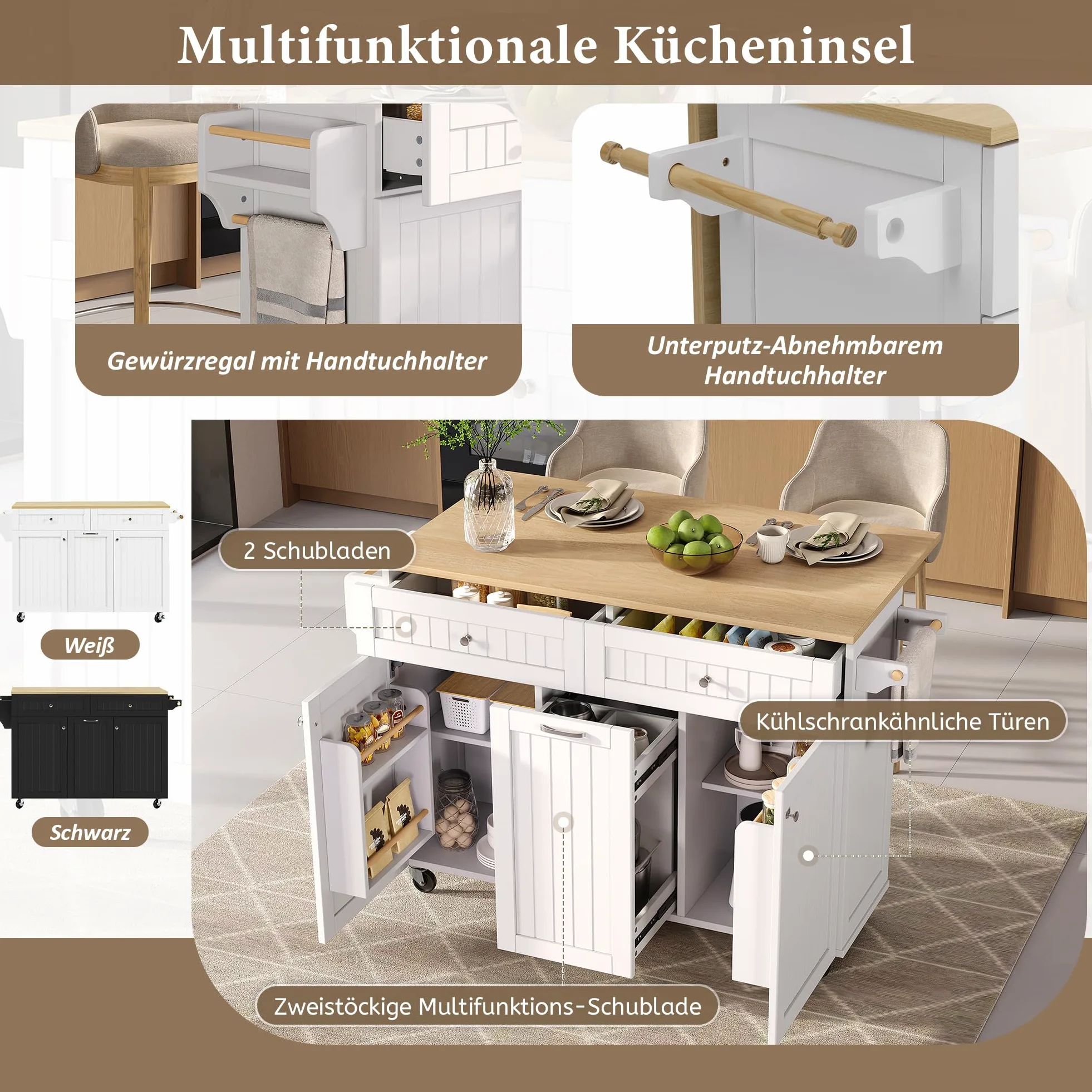 Küchenschrank mit Klappbarer Arbeitsplatte, Verstellbare Trennwand, Küchenwagen mit 5 Rollen, Freistehende Kücheninsel mit 3 Schubladen, 139.5 x 40(70) x 92 cm, Weiß