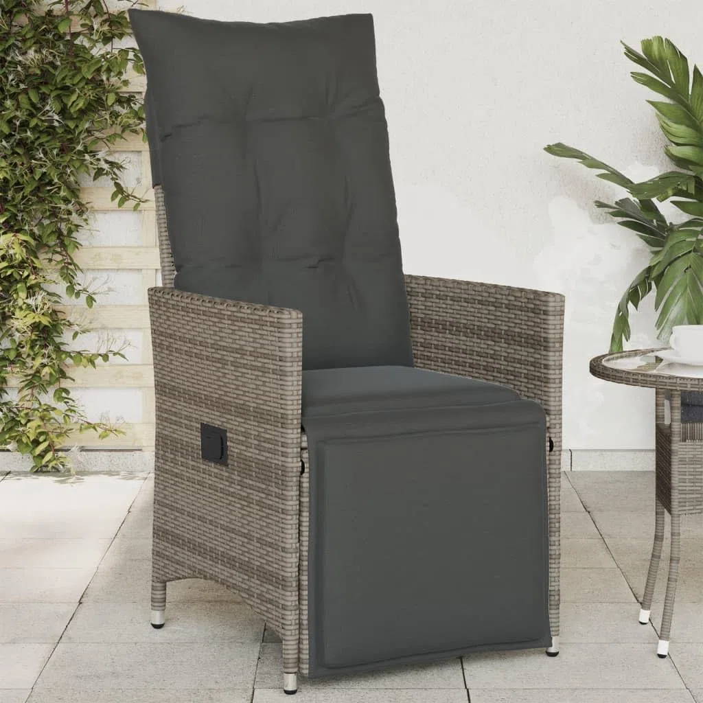 vidaXL Gartensessel Verstellbar mit Kissen, Gartenstuhl mit Stahlrahmen, Loungesessel für Außenbereich, Relaxsessel, Grau Poly Rattan