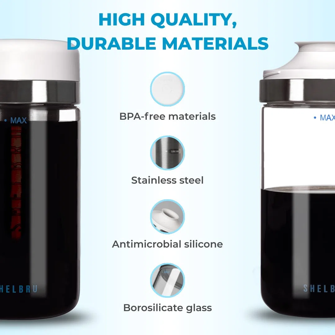 Kaltbrühsystem mit wiederverwendbarem Doppelfilter aus Edelstahl – 2-teiliges Set mit Brauer und Karaffe – 500 ml Kaltbrühkonzentrat – robustes Borosilikatglas