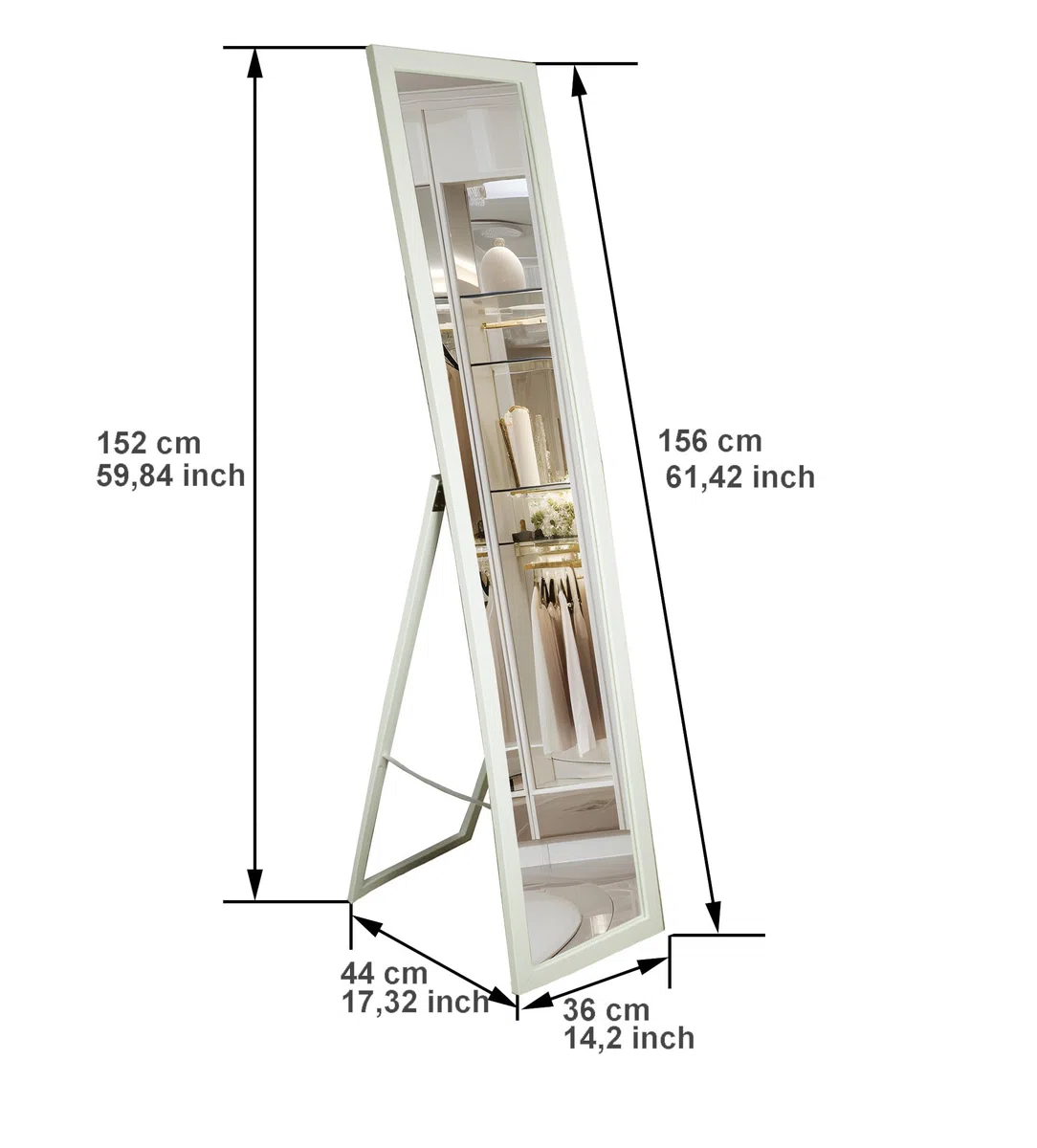 BD ART Stand-Ankleidespiegel Weiß 155,8 x 35,8 cm großer Fußboden Standspiegel Garderobe weiß Zeitloser eleganter MDF Rahmen Ganzkörperspiegel