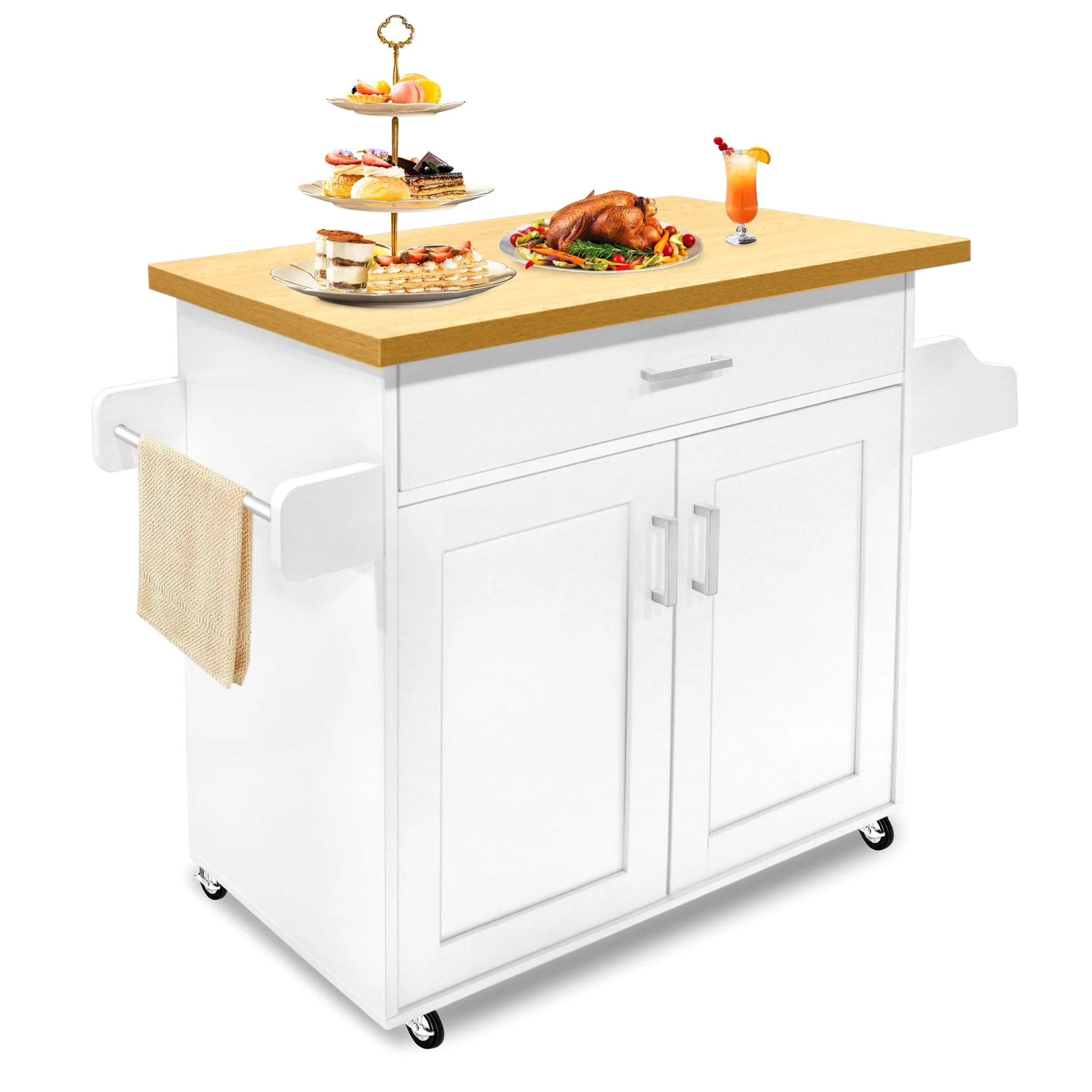 NAIZY Küchenschrank Küchenwagen mit Arbeitsplatte & Rollen & Schubladen Küchenwagen Abschließbar Servierwagen, 115x36x90cm (Weiß)