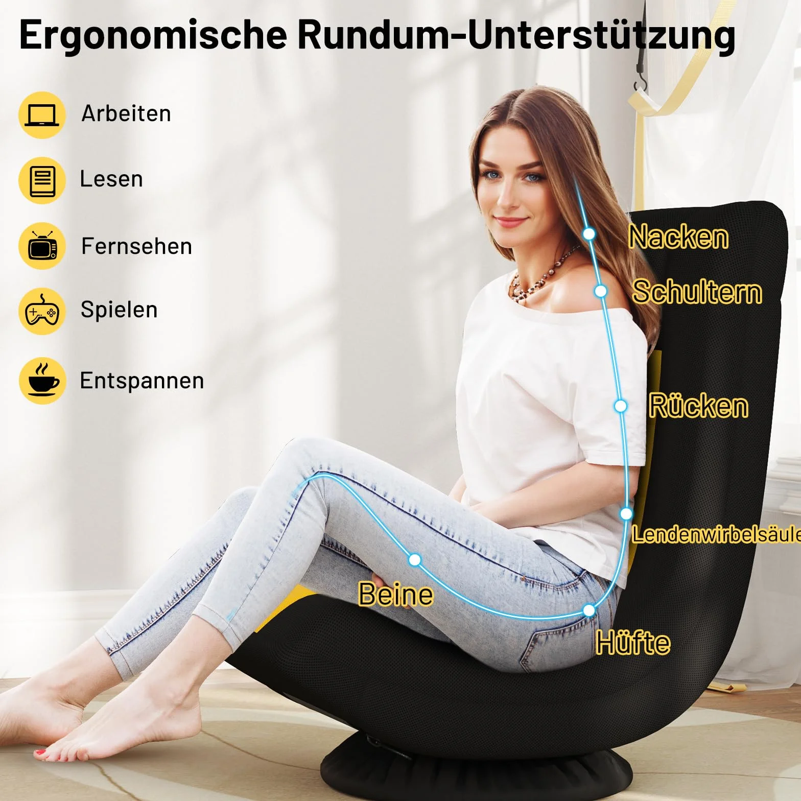 COSTWAY Bodenstuhl 360° drehbar, klappbares Bondensofa mit Verstellbarer Rückenlehne, Bodensessel, Relaxsessel zum Fernsehen, Lesen, Gaming (Gelb)