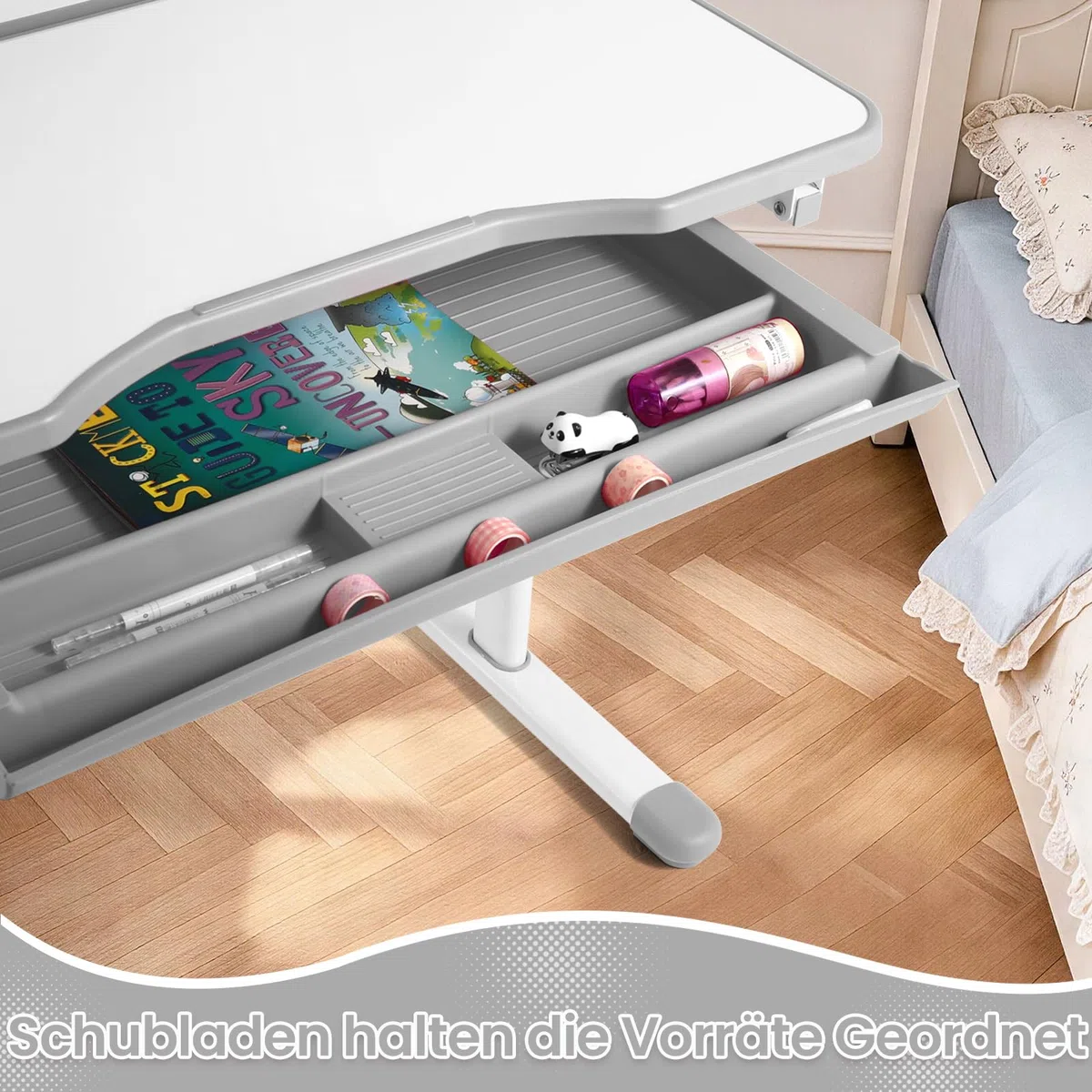 JOYLDIAS Kinderschreibtisch mit Stuhl höhenverstellbar, Kinder Schreibtisch Set mit Bücherregal, geteilter Rückenlehne, neigbarer Tischplatte 0–40°, Schublade und Haken, Grau