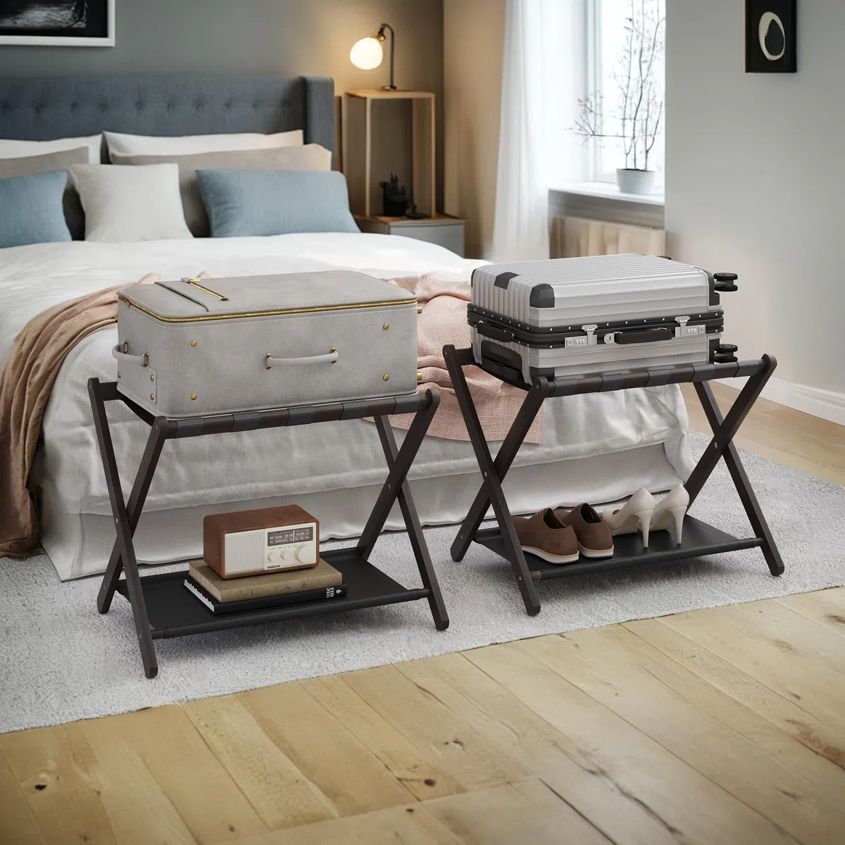 Semiocthome Kofferständer, 2er-Set, Faltbarer Gepäckträger aus Bambus mit Ablage für Gästezimmer, Schlafzimmer, Hotel, HBT: 52 x 67 x 45 cm - Braun