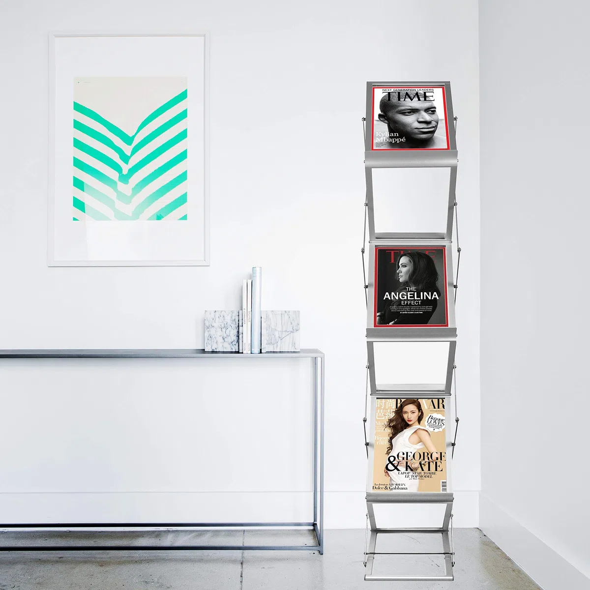 Faltbarer Prospektständer A4 Aluminium - Zeitschriftenständer, Literatur- & Kataloghalter mit 6 Taschen, Flyer Aufsteller mit Tragetasche, Bodenaufsteller für Messe, Büro, Ausstellung (Silber)