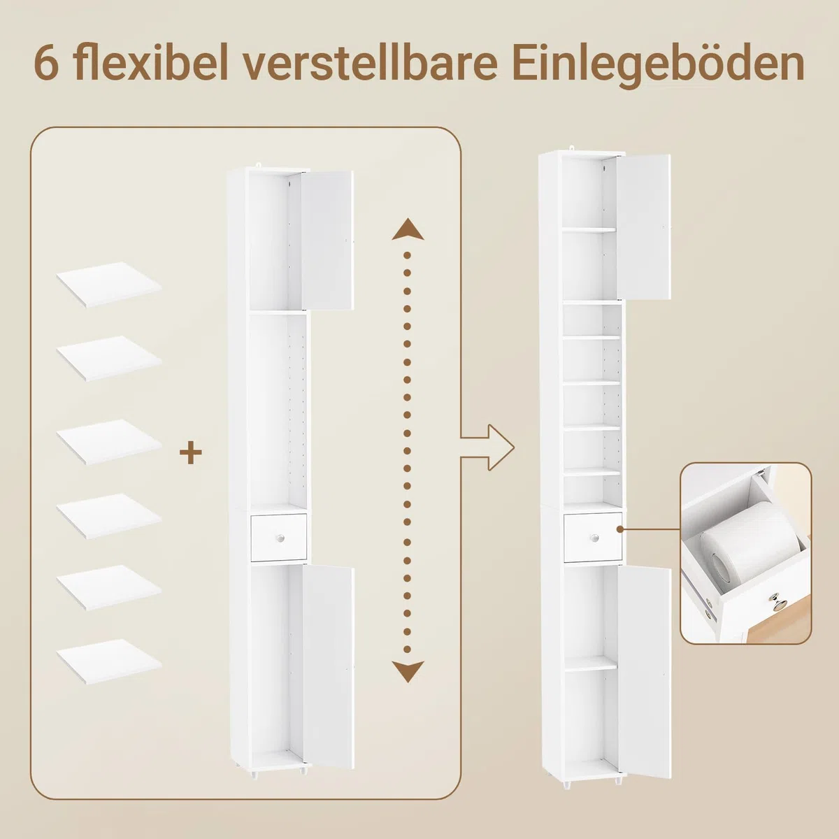 SoBuy Badezimmerschrank Hochschrank Schmal Badschrank für kleine Bäder mit verstellbaren Einlegeböden Platzsparender Badezimmer Schrank für Waschbecken, WC, Waschmaschine, 20x20x180cm Weiß BZR34-II-W