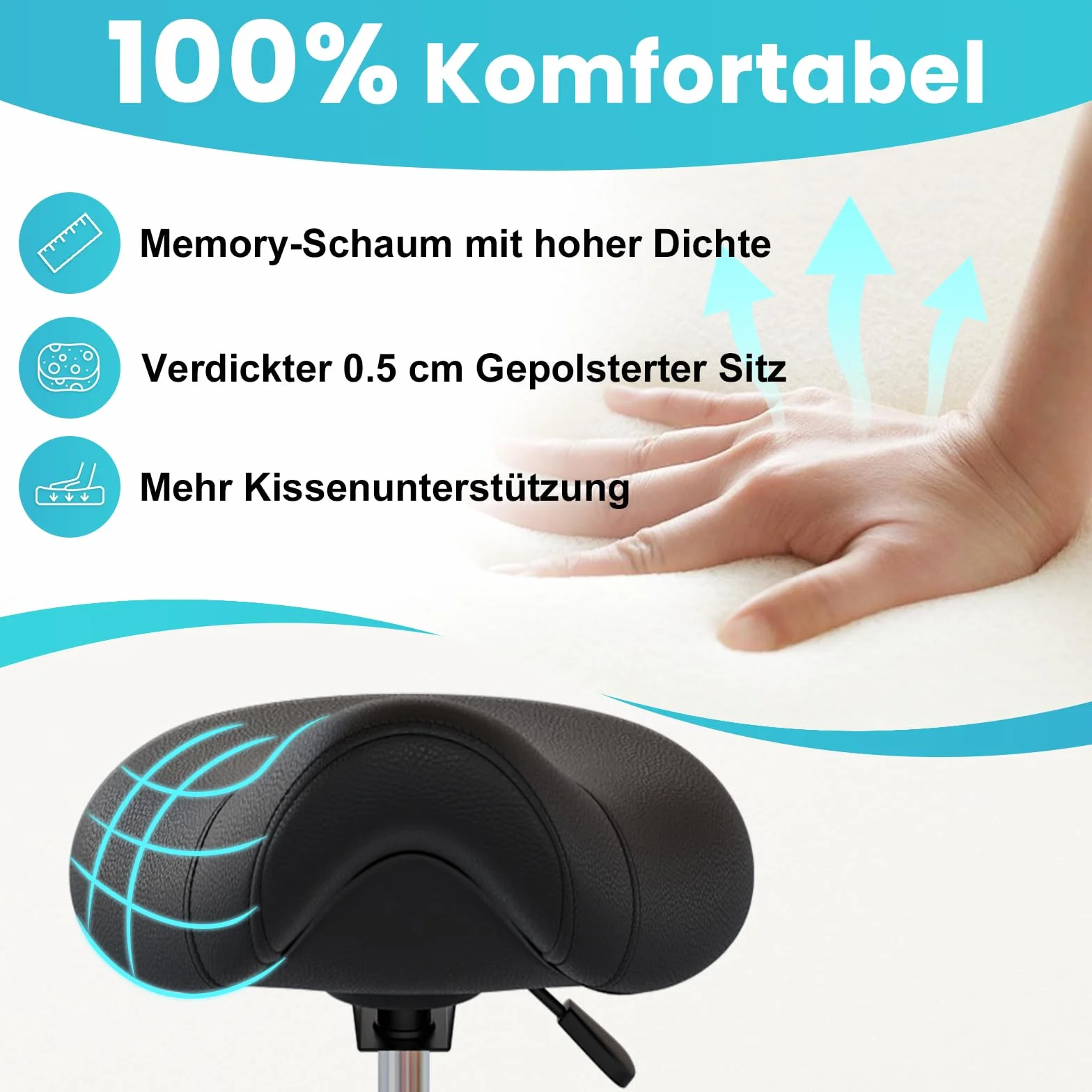 Sattelhocker Ergonomisch - Bequemer Sattelstuhl mit einem breiten Sattelsitzkissen, drehbarer, verstellbarer Sattelhocker mit Rollen und Ringpedal für Medizin,Massage, Salon,Büro und Zuhause (Schwarz)