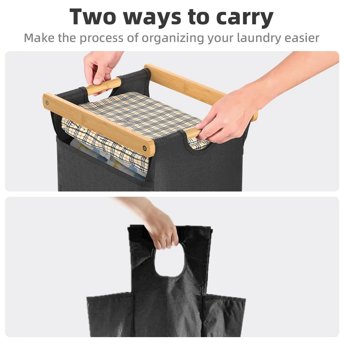 BambooHomie Wäschekörbe 3 Abschnitt, Wäschesortierer mit entnehmbarem Regal und herausziehbaren Taschen, Wäschekörbe mit Rollwagenkorb für Waschküche Badezimmer, 3 x 40 L (Schwarz Weiß Grau)