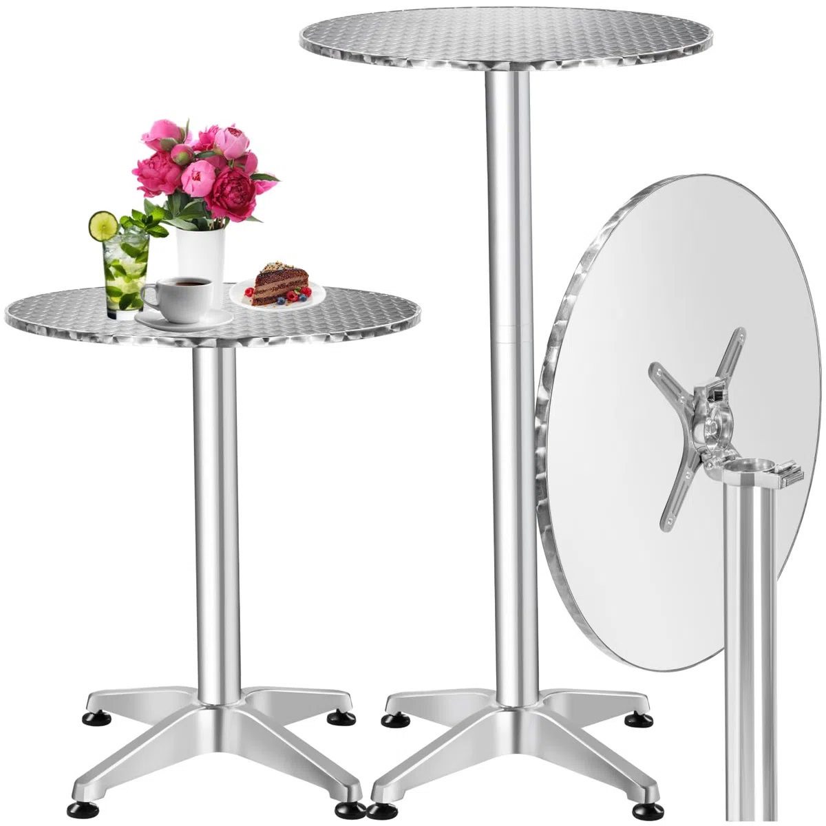 tectake® 2in1 Stehtisch klappbar Ø 60cm, Bistrotisch, Balkontisch klappbar, Bartisch aus Aluminium, höhenverstellbarer Tisch 75cm / 115cm, Partytisch