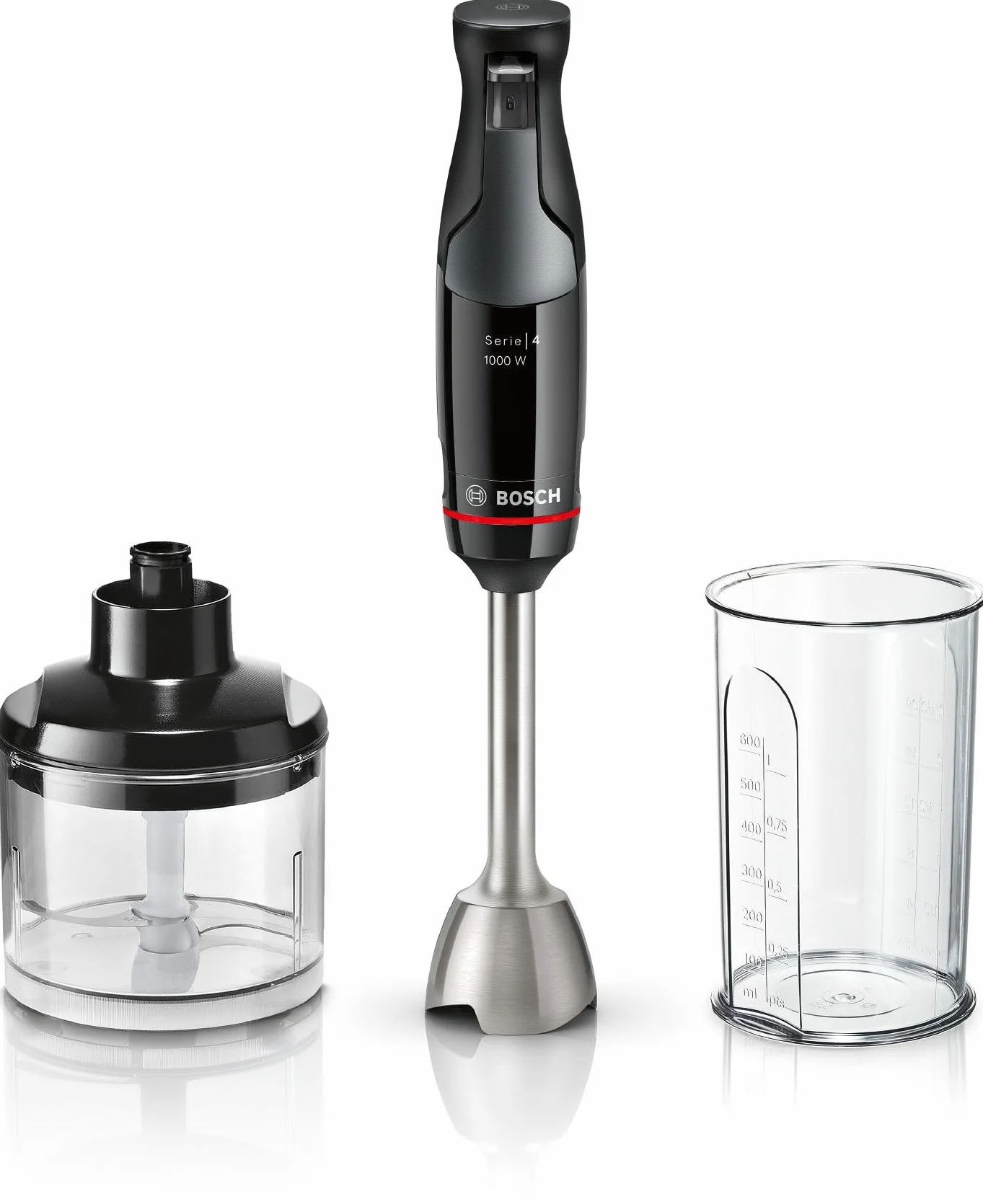 Bosch Stabmixer ErgoMaster Serie 4, mit Zerkleinerer, Mix-/Messbecher, Edelstahl-Klingen, langlebig, verschleißfreie Keramik-Kupplung, 1000 Watt, schwarz, MSM4B620