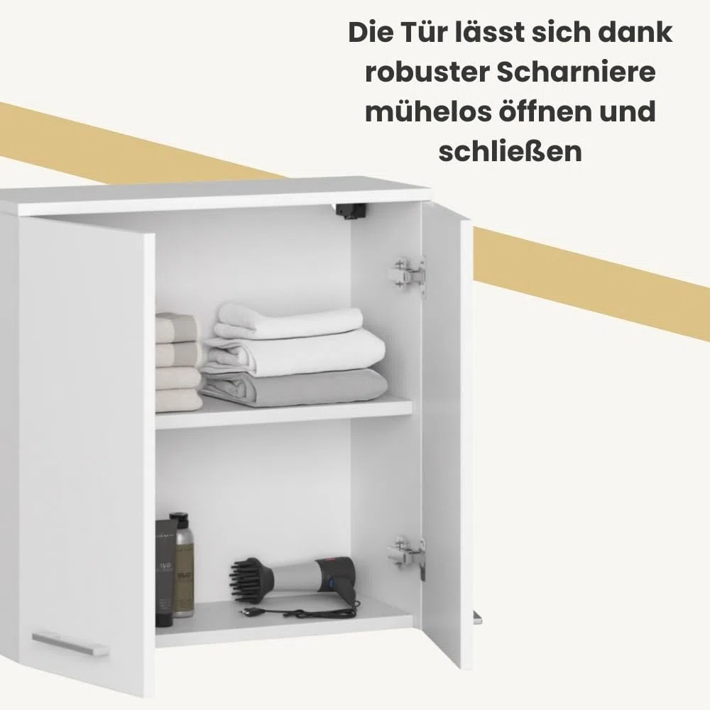 AKORD | Badezimmer‑Hängeschrank FIN W60 2D 2-türig | Hängeschränke Fürs Bad | Tür Links oder Rechtseitiger Montage | B60 x H60 x T22,5 cm | Gewicht 18 kg | Weiß
