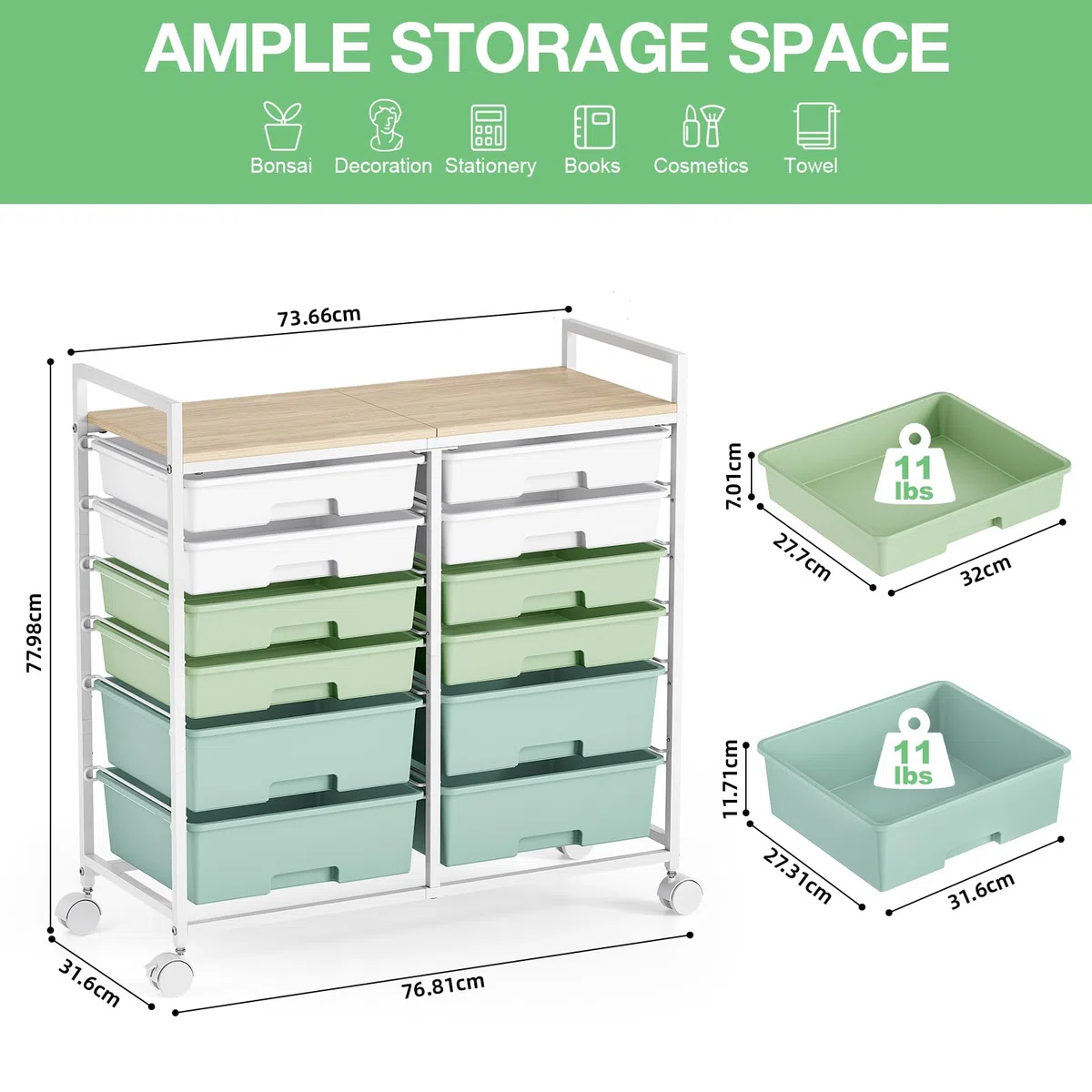 KINGRACK Rollcontainer mit 12 Schubladen und Holzarbeitsplatte, Schubladenschrank für Badezimmer, Küchen, Wohnzimmer und Büros (Grün)