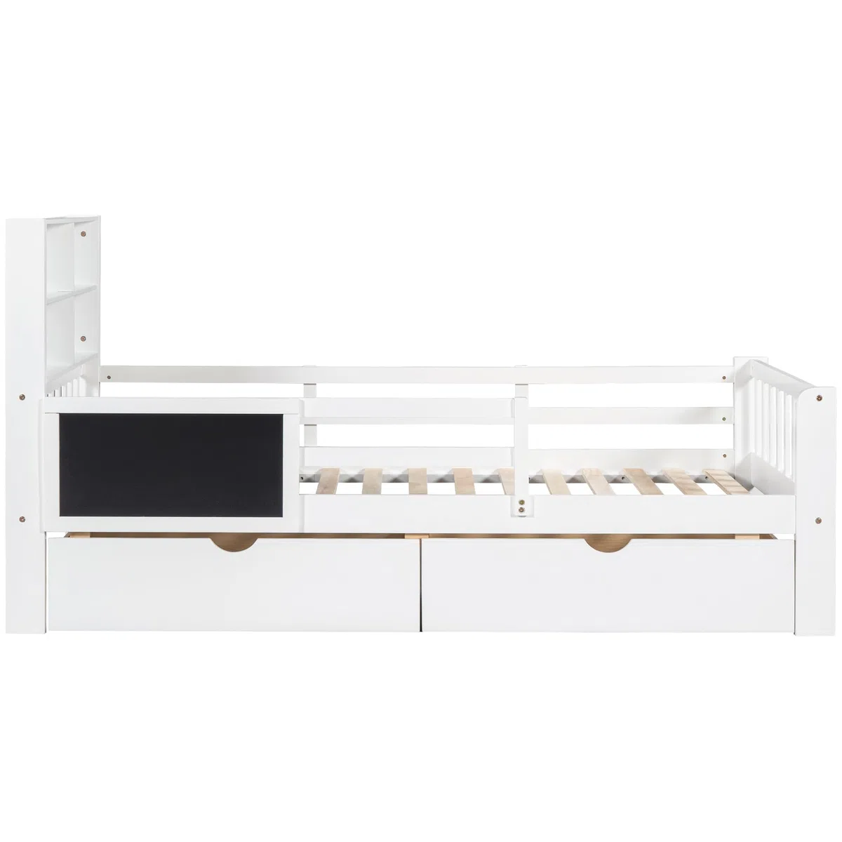 Kinderbett 90x200 Holzbett mit Schubladen und Tafel Kopfteil Bücherregal Rausfallschutz Lattenrost Stauraum Jugendbett Funktionsbett Bettgestell Holz Weiß