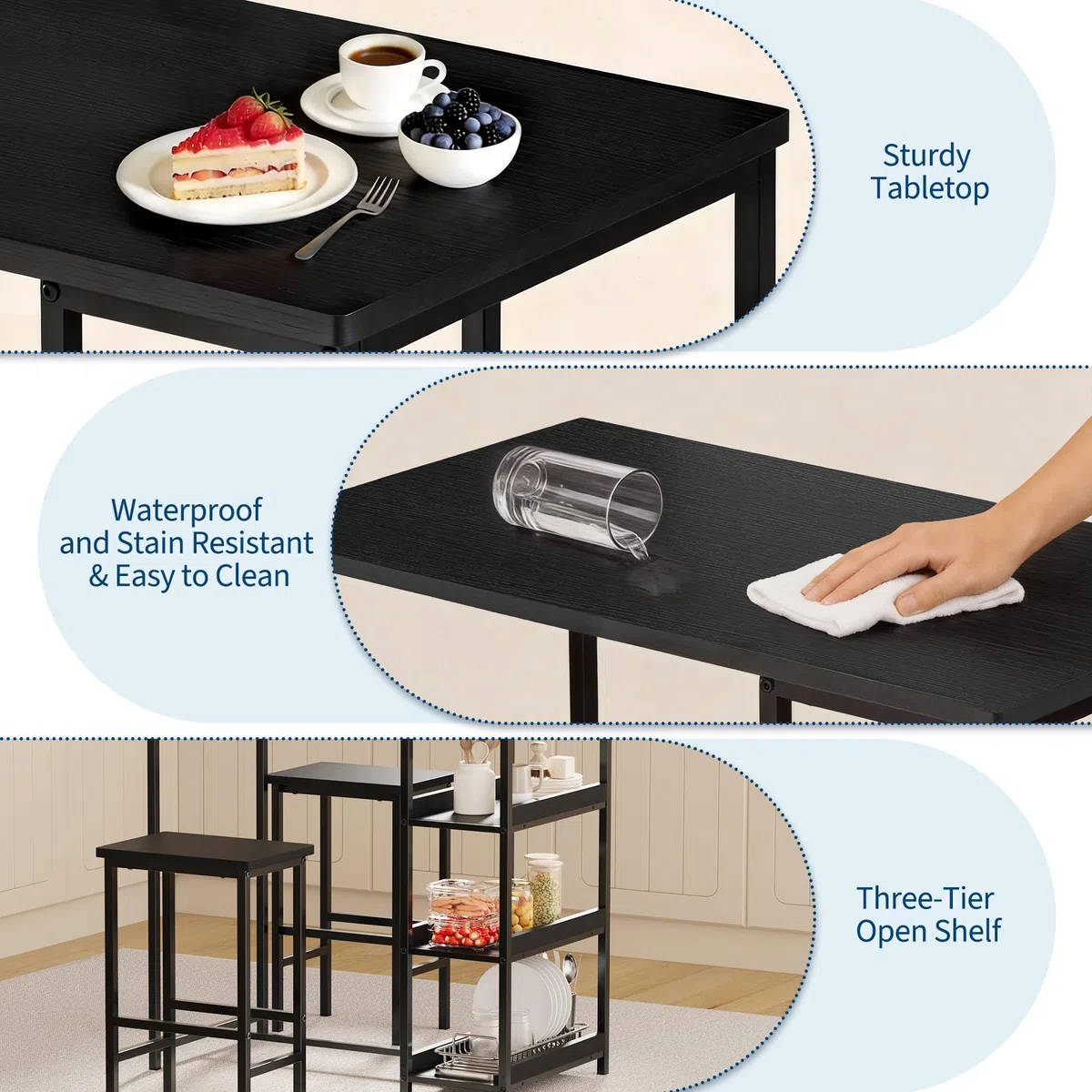 3-teiliges Esszimmer-Set – Moderner Esstisch mit Metallgestell & Holzoptik, 2 Barhockern, Ablagefächern, platzsparend für Küche, einfache Montage, Schwarz, Black Tube + Black Wood Grain