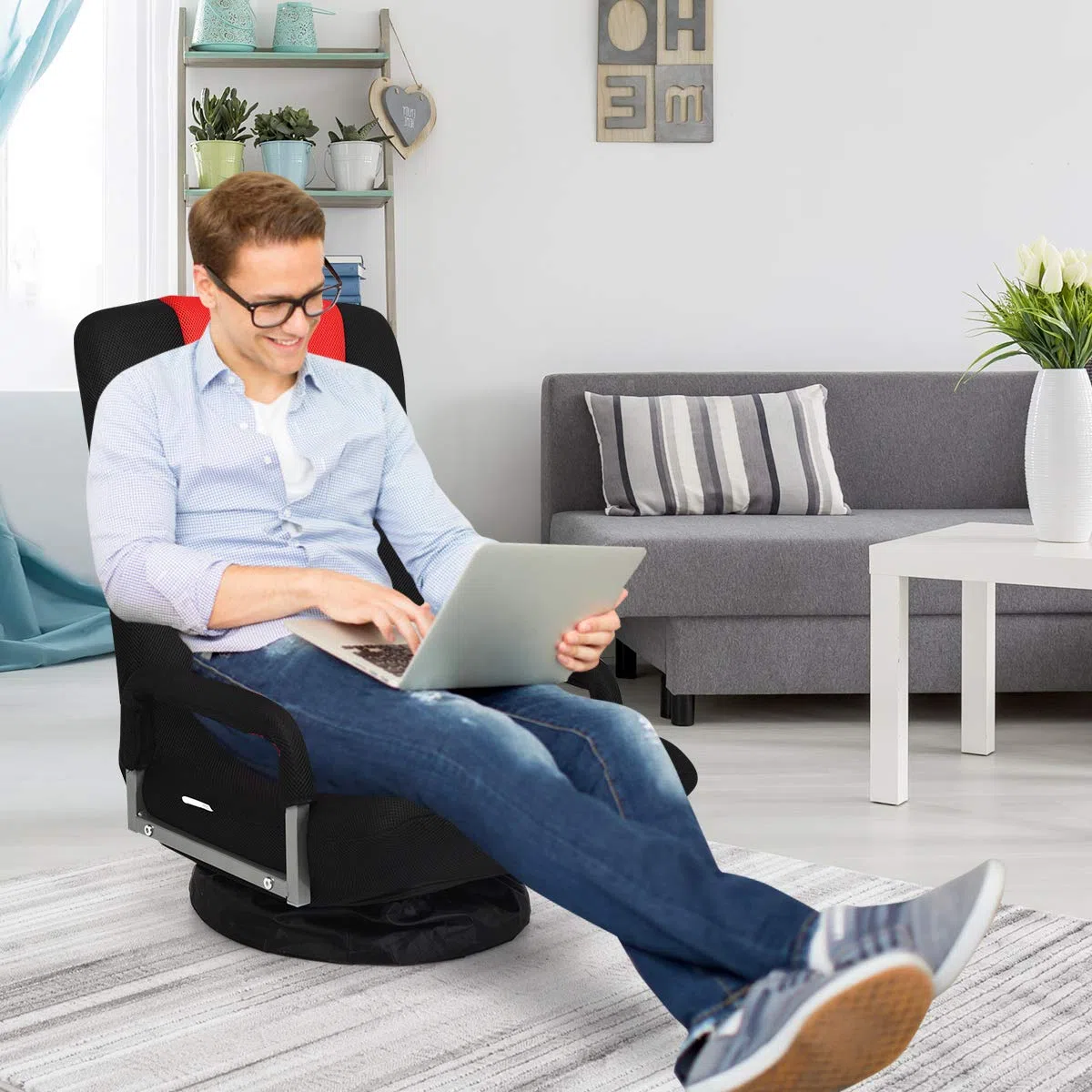 RELAX4LIFE Bodenstuhl Klappbar, Bodensessel mit 7-Fach Verstellbarer Rückenlehne & 360° drehbarem Sockel, Relaxsessel bis 150 kg belastbar, Lazy Sofa mit Armlehnen, für Wohnzimmer, Schlafzimmer, Büro