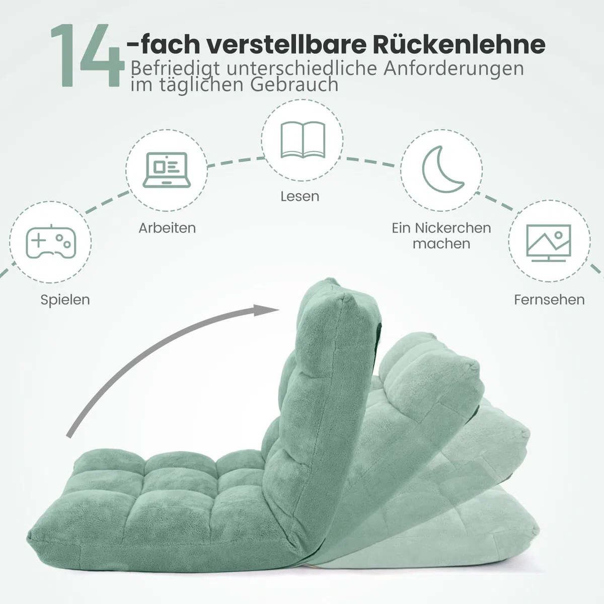 COSTWAY Bodenstuhl mit Verstellbarer Rückenlehne, Bodensessel gepolstert, Bodenkissen faltbar, Meditationsstuhl, Relaxsessel, Thaikissen für Freizeit, Meditation, Yoga (Grün)