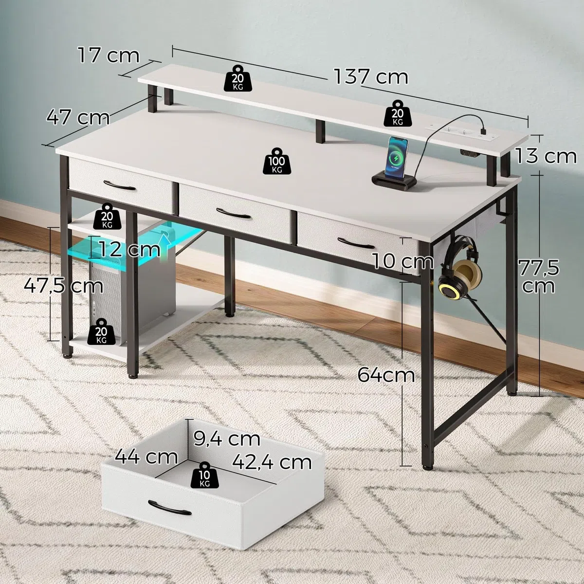 Rolanstar Schreibtisch mit Schubladen, Computertisch mit Steckdosen & LED, Gaming Tisch mit Monitorständer, Regal & 2 Haken, Gaming Schreibtisch für Büro, Wohnzimmer(Weiß, 137x47x90,5cm)