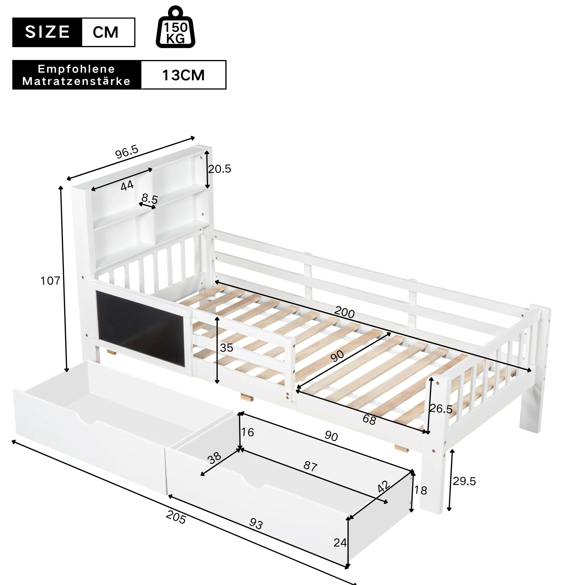 Kinderbett 90x200 Holzbett mit Schubladen und Tafel Kopfteil Bücherregal Rausfallschutz Lattenrost Stauraum Jugendbett Funktionsbett Bettgestell Holz Weiß