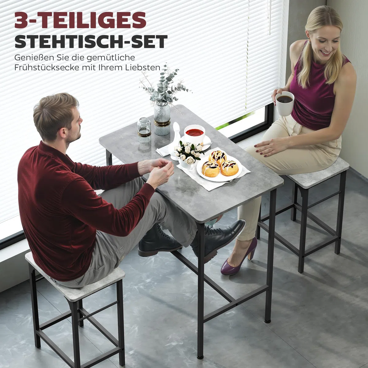 HOMCOM Bartisch Set Bartisch mit Barhocker-Set Esstisch mit 2 Stühlen mit Rutschfestem Fußpolster Küchentisch für Esszimmer, Küche, Grau
