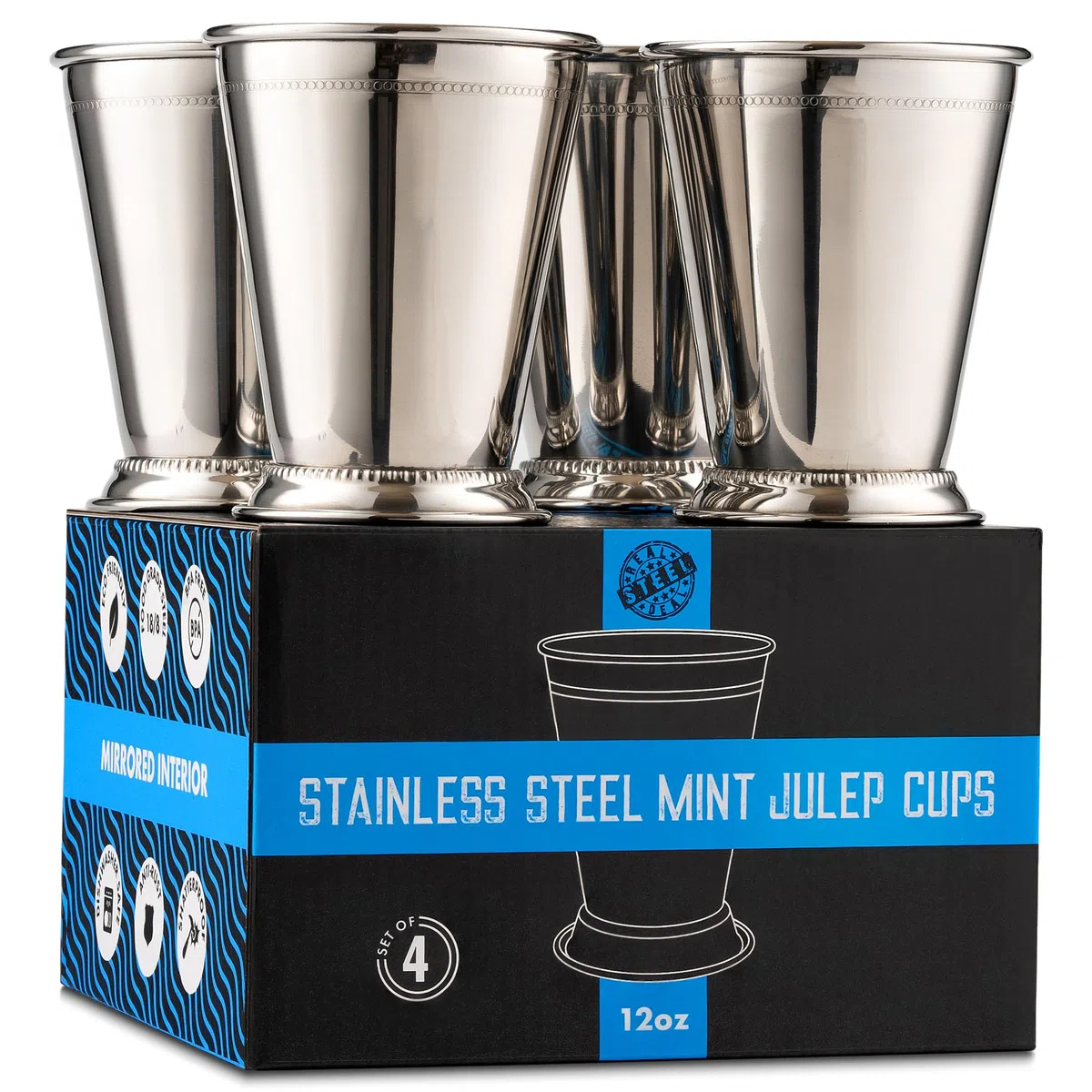 Mint Julep Becher: Edelstahlgläser, 4 Stück, Metall, 340 ml, Cocktailgläser, Partyzubehör (4)