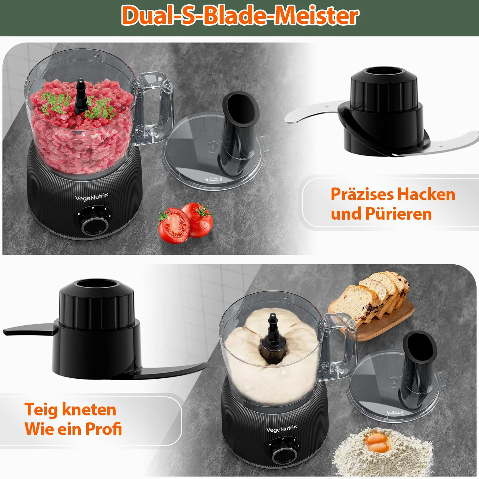 1500W Küchenmaschine und Mixer Kombination, 2,5L Zerkleinerer für Fleisch, Gemüse und Teig, 2L Standmixer mit Glasbehälter, 2 Geschwindigkeitsstufen&Pulsfunktion für Smoothies, Saft usw.
