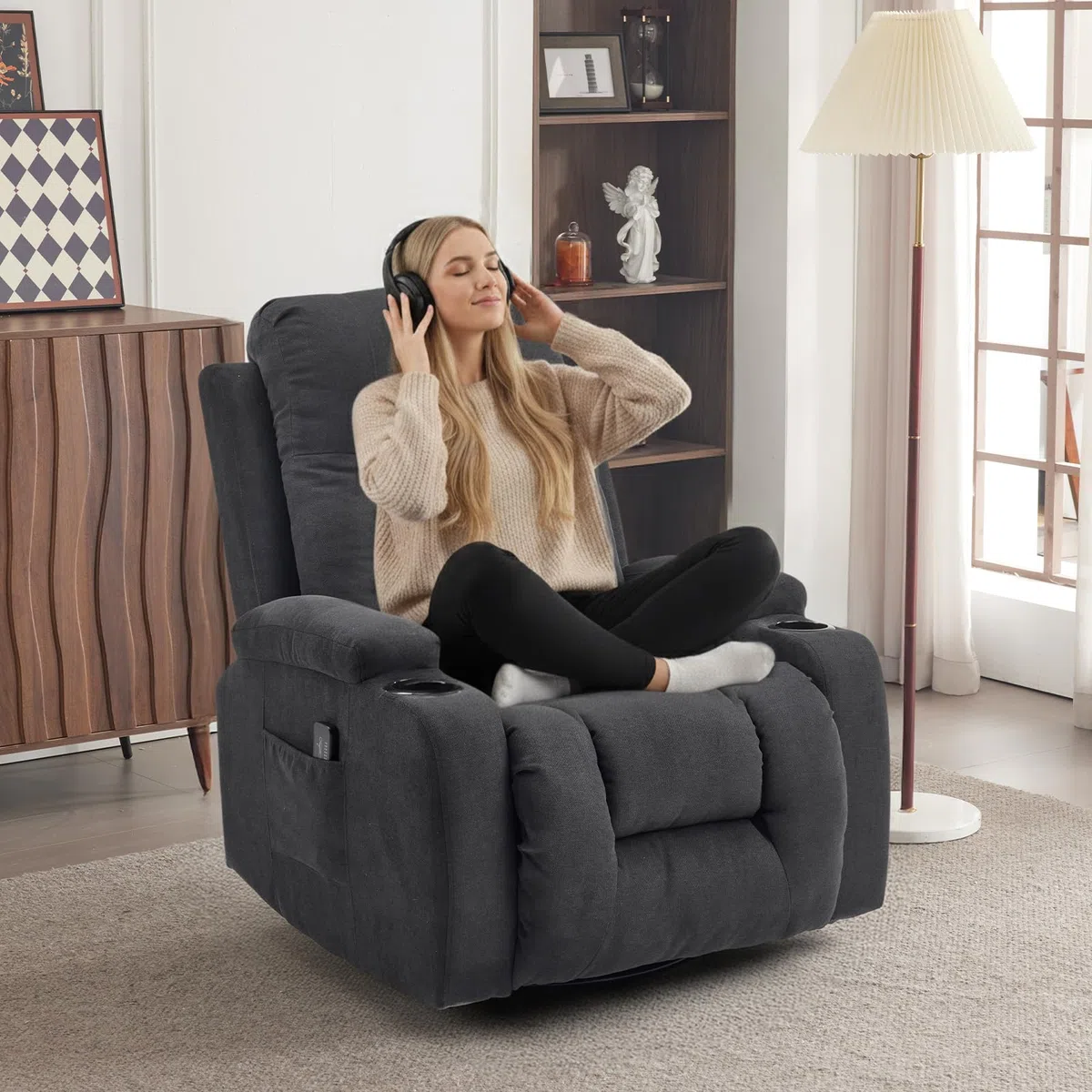 LEADZM Fernsehsessel Relaxsessel mit 360°-Drehung, Elektro-Massagesessel mit Liegefunktion, Massage, Heizung, 2 Seitentaschen und Getränkehalter, Schwarz